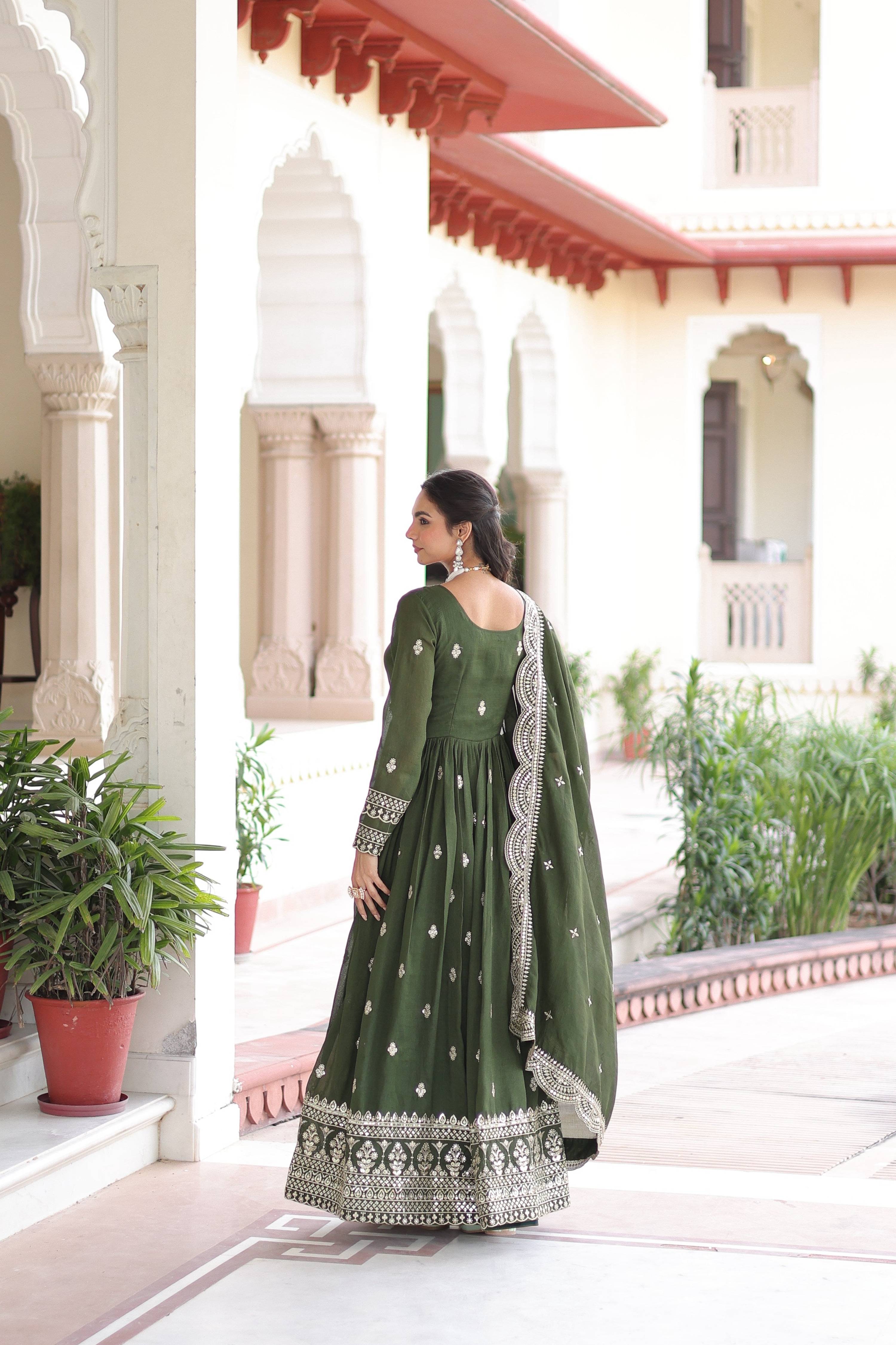 Jyoti Fashion Women's Green Vichitra Silk Sequins Zari Embroidered Anarkali Set With Dupatta
