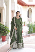 Jyoti Fashion Women's Green Vichitra Silk Sequins Zari Embroidered Anarkali Set With Dupatta