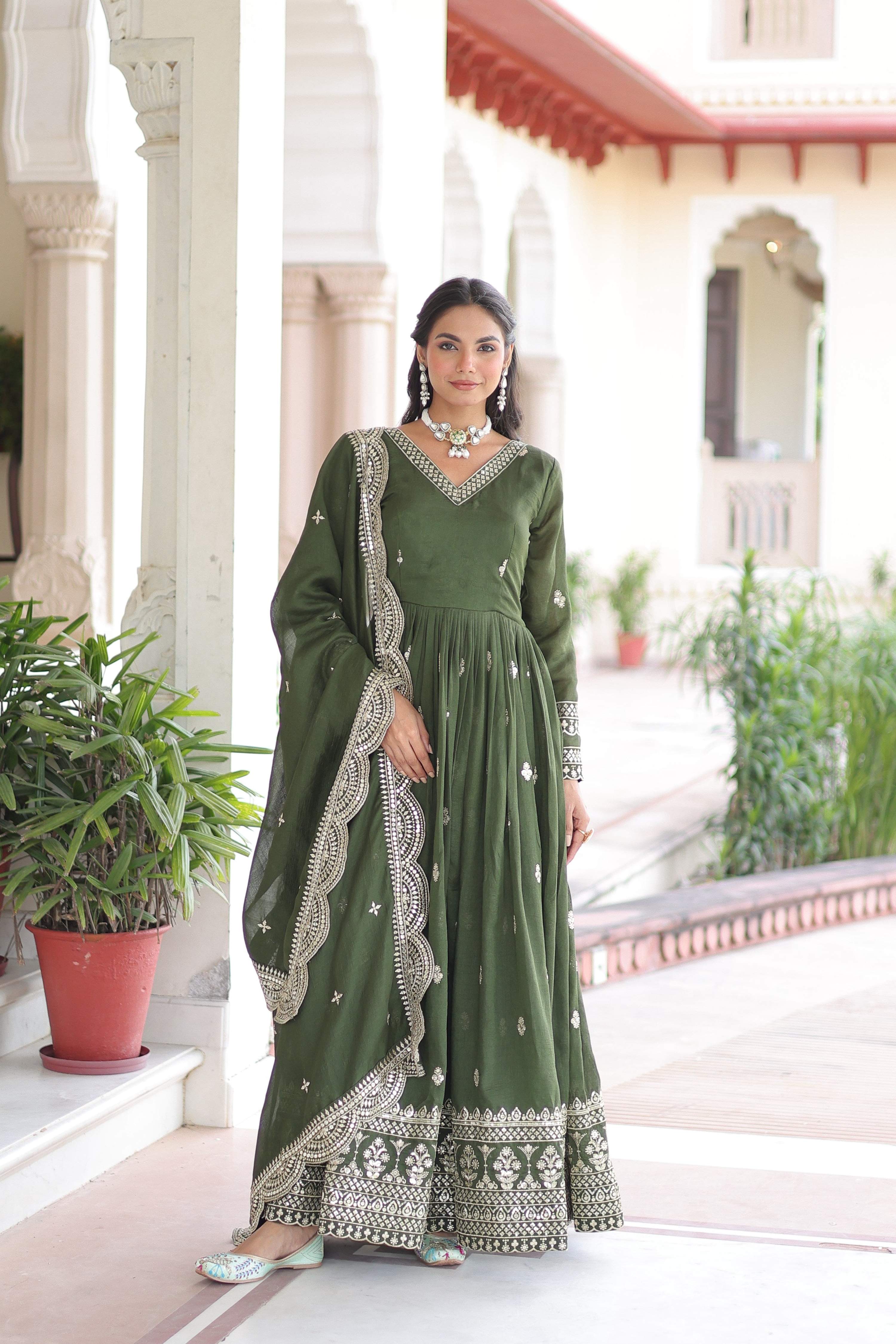 Jyoti Fashion Women's Green Vichitra Silk Sequins Zari Embroidered Anarkali Set With Dupatta