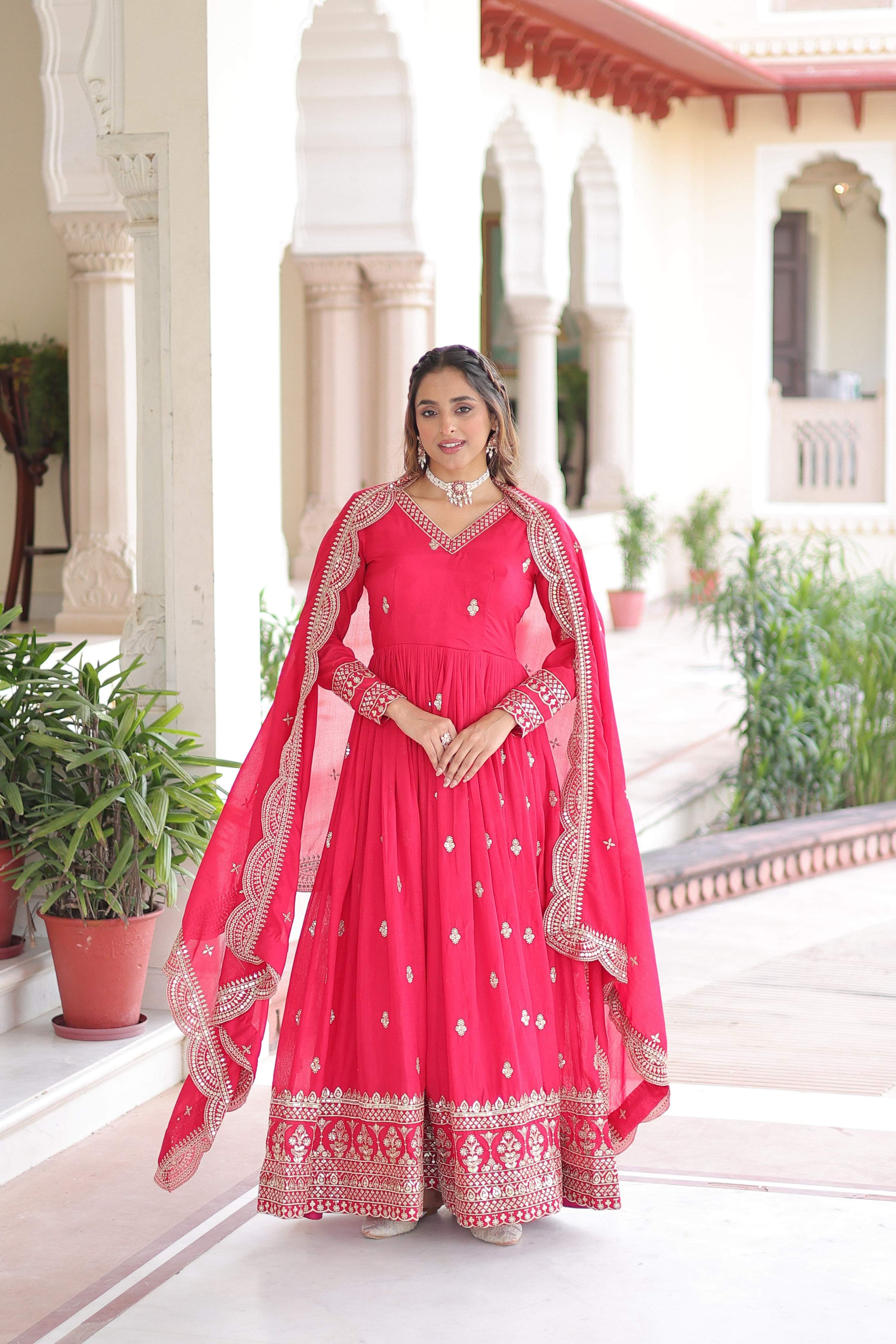 Pink Vichitra Silk Sequins Zari Embroidered Anarkali Set