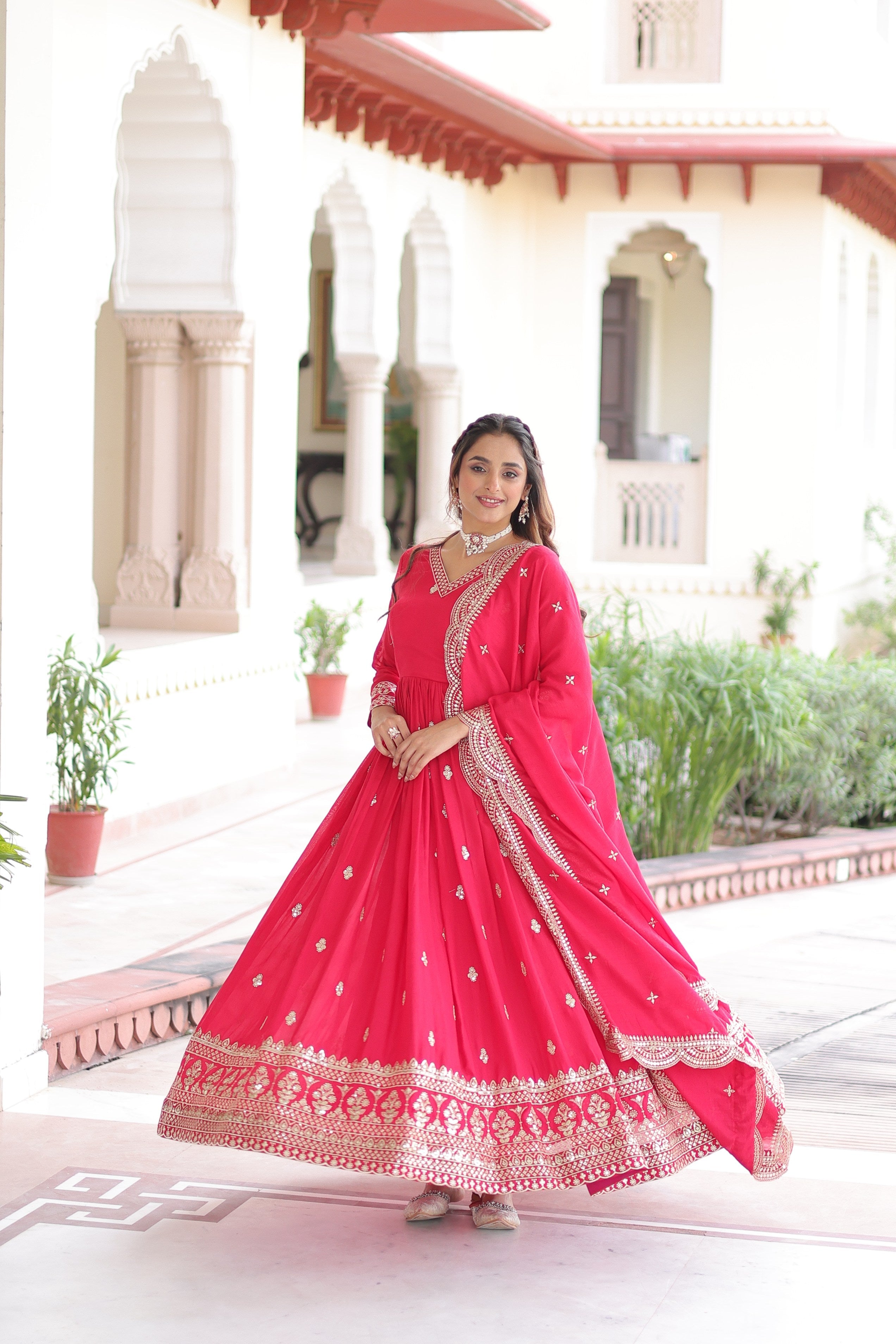 Pink Vichitra Silk Sequins Zari Embroidered Anarkali Set