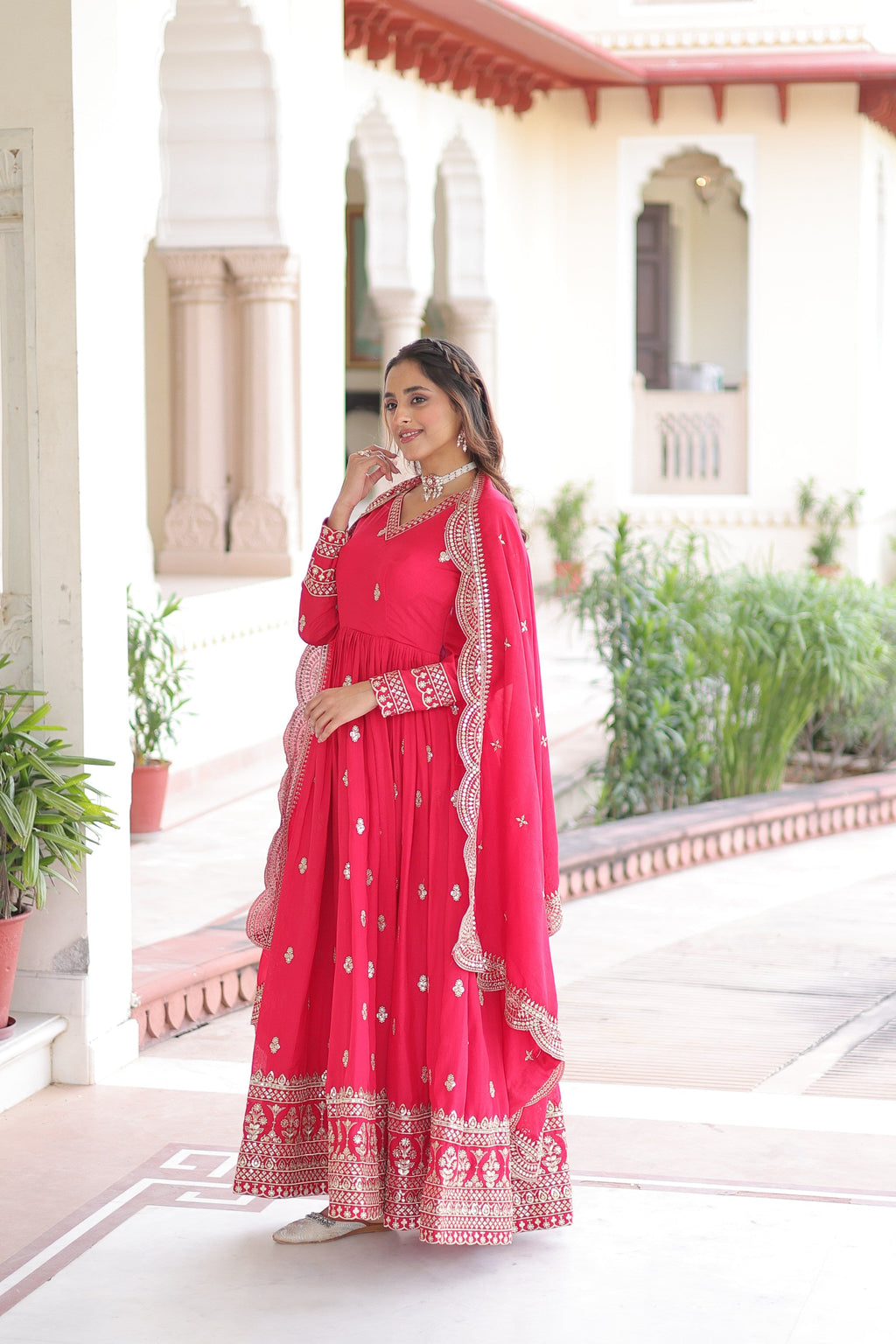 Jyoti Fashion Women's Pink Vichitra Silk Sequins Zari Embroidered Anarkali Set With Dupatta