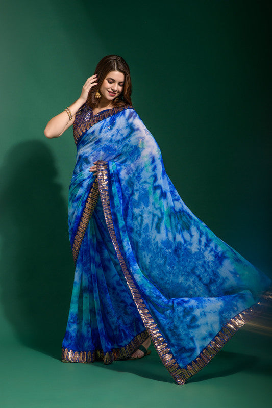 Blue Chiffon Saree with Sequence Embroidery and Blouse