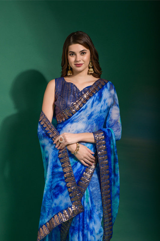 Blue Chiffon Saree with Sequence Embroidery and Blouse