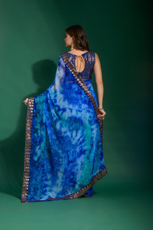 Blue Chiffon Saree with Sequence Embroidery and Blouse
