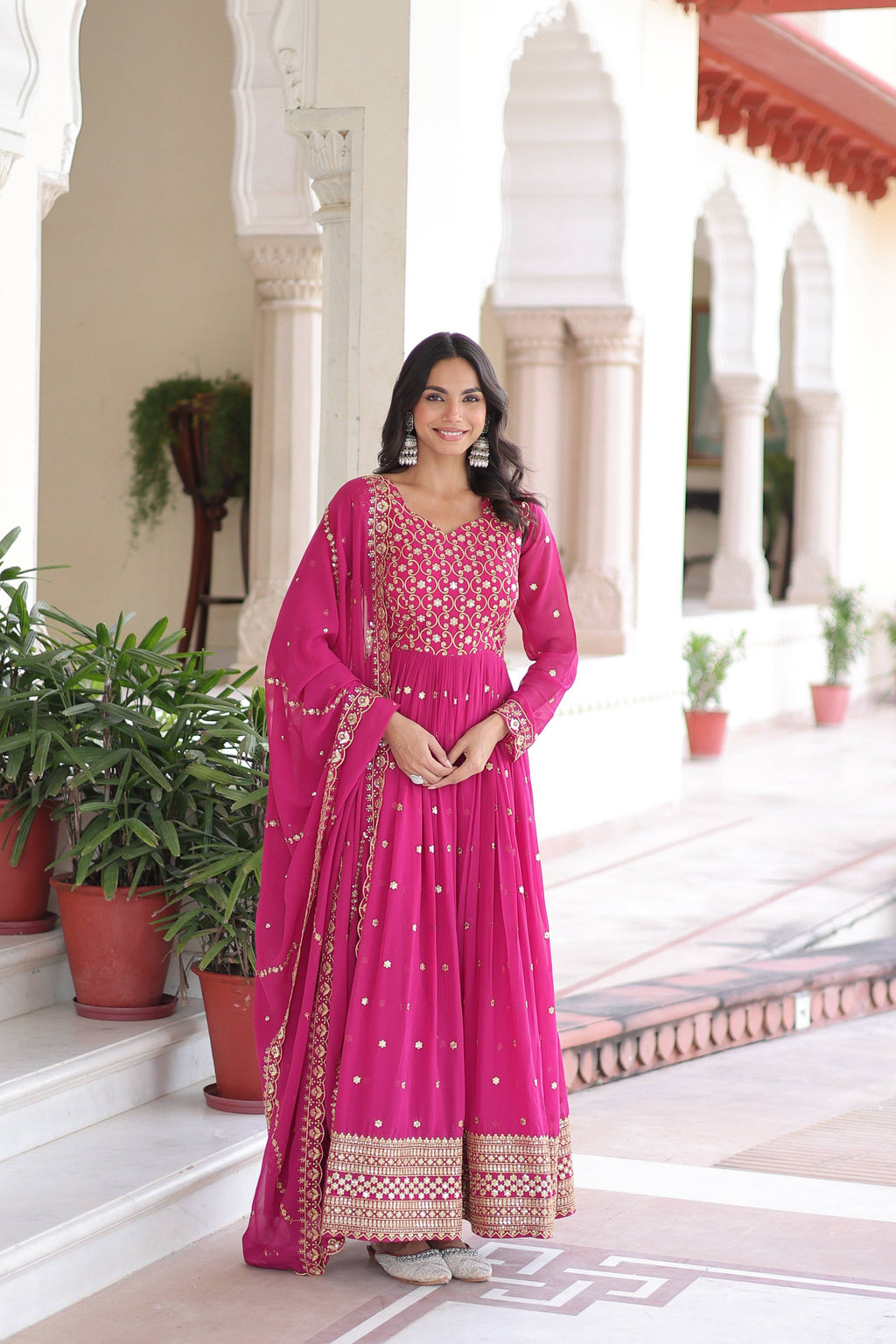 Jyoti Fashion Women's Pink Faux Georgette Sequins Zari Embroidered Anarkali Set With Dupatta