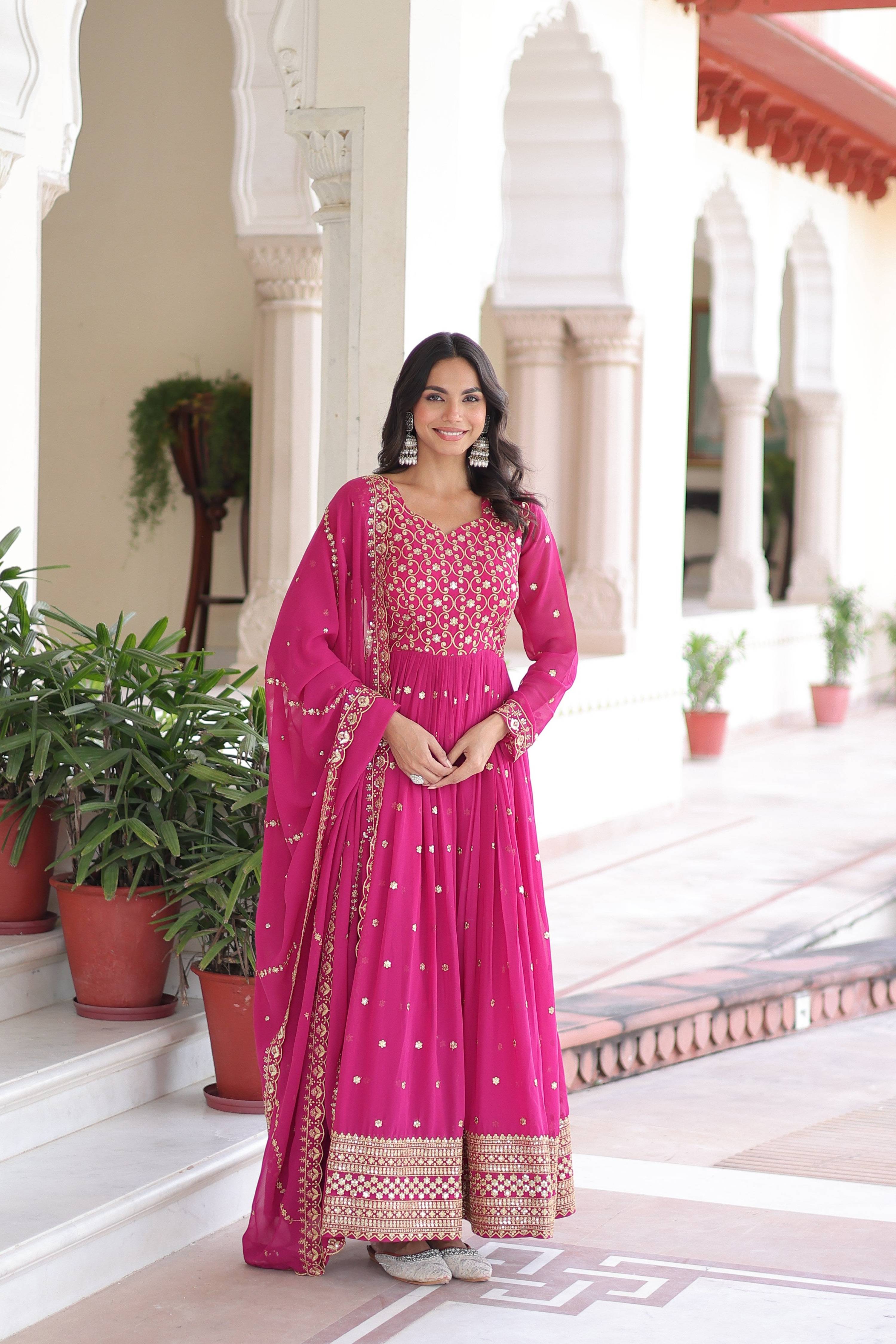 Jyoti Fashion Women's Pink Faux Georgette Sequins Zari Embroidered Anarkali Set With Dupatta