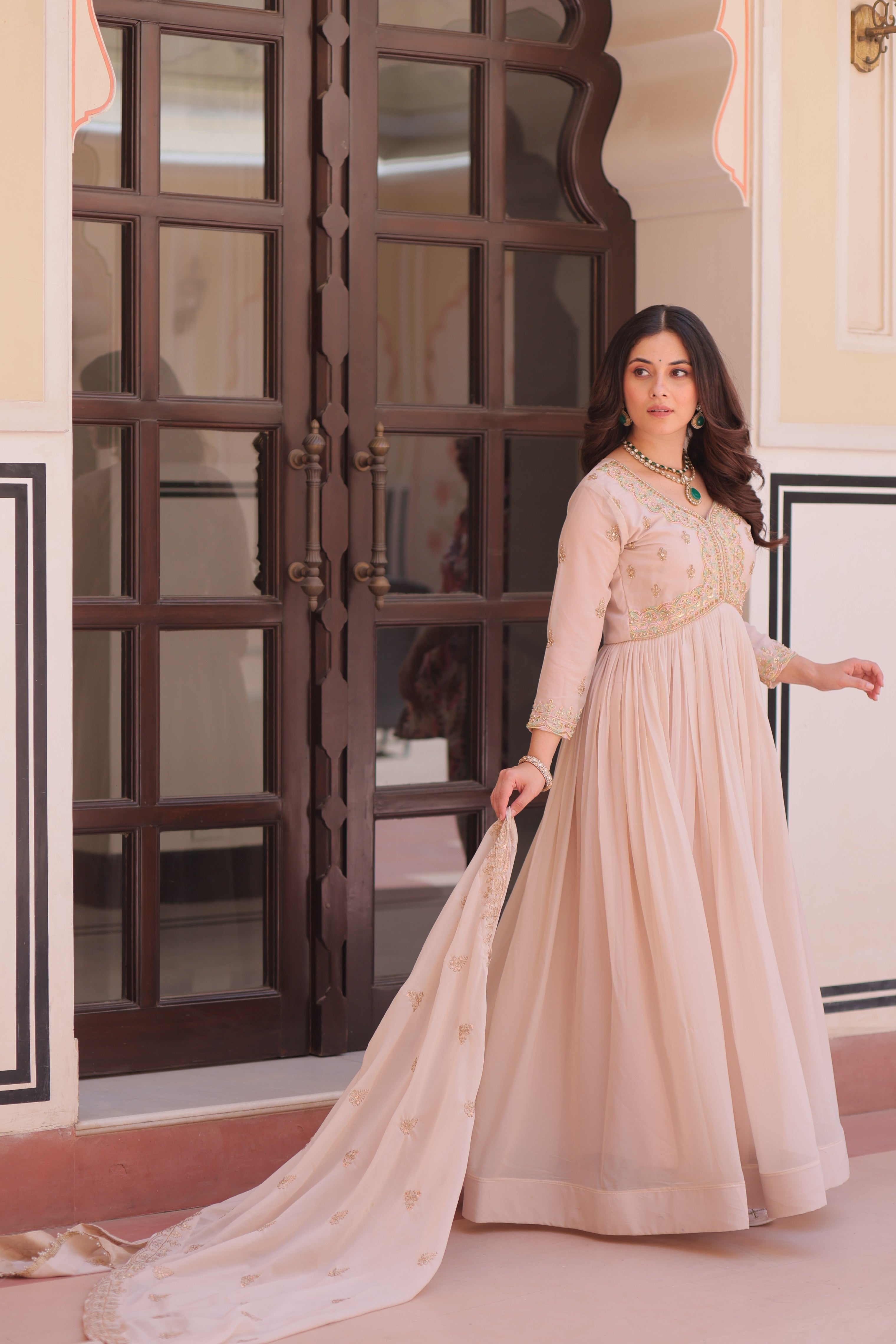 Beige Star Georgette Embroidered Anarkali Set With Dupatta