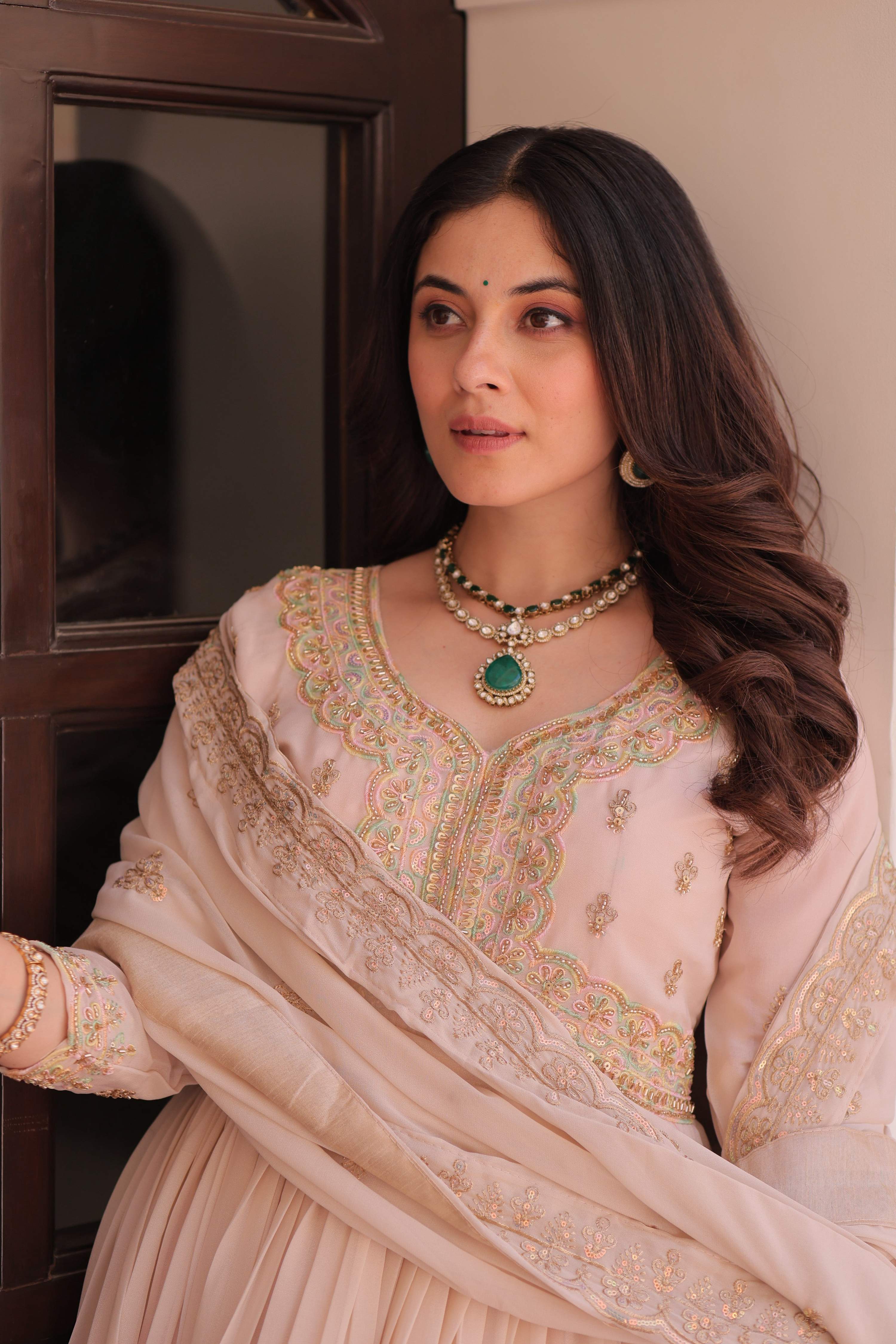 Jyoti Fashion Women's Beige Star Georgette Embroidered Anarkali Set With Dupatta