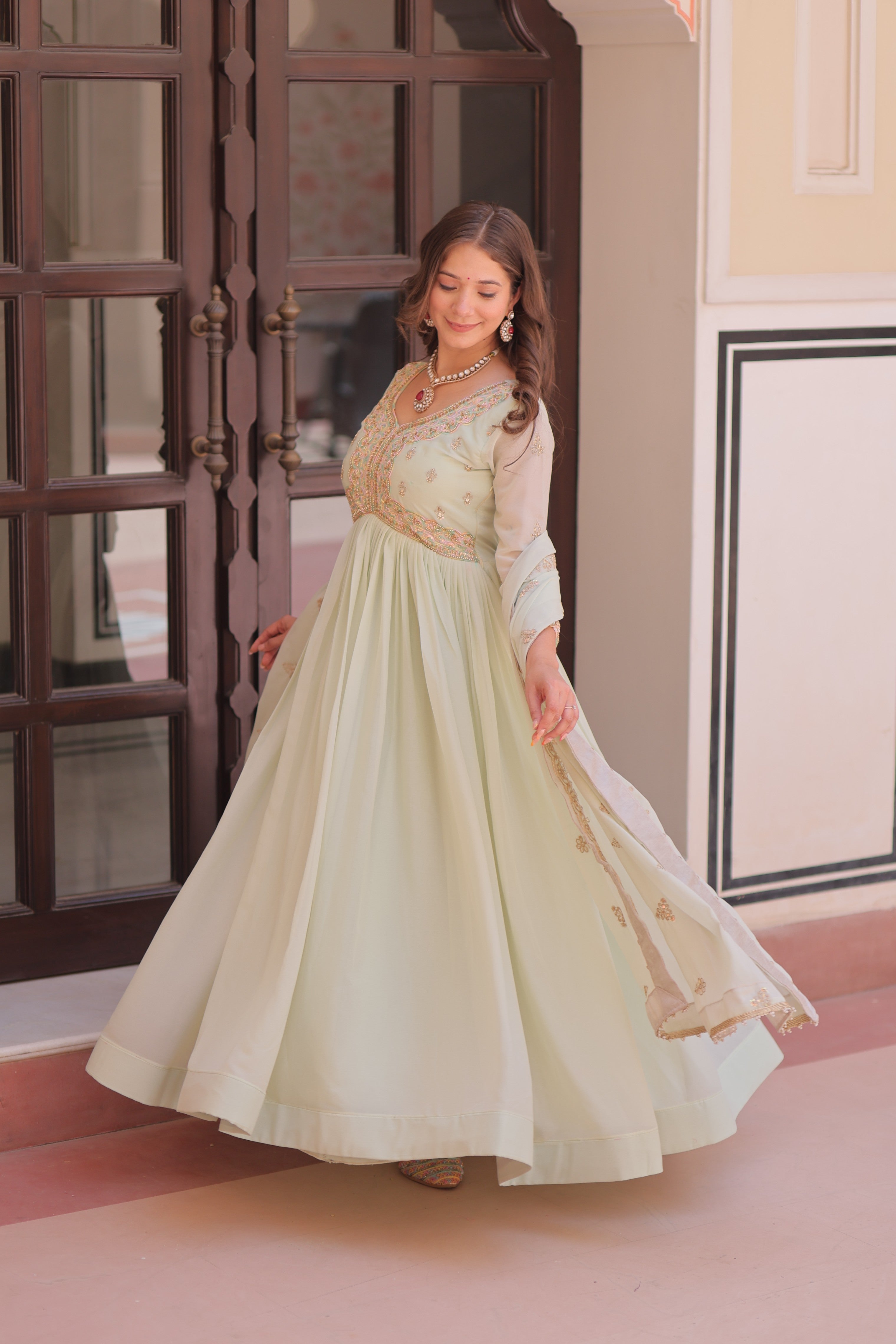 Pista Green Star Georgette Embroidered Anarkali Set