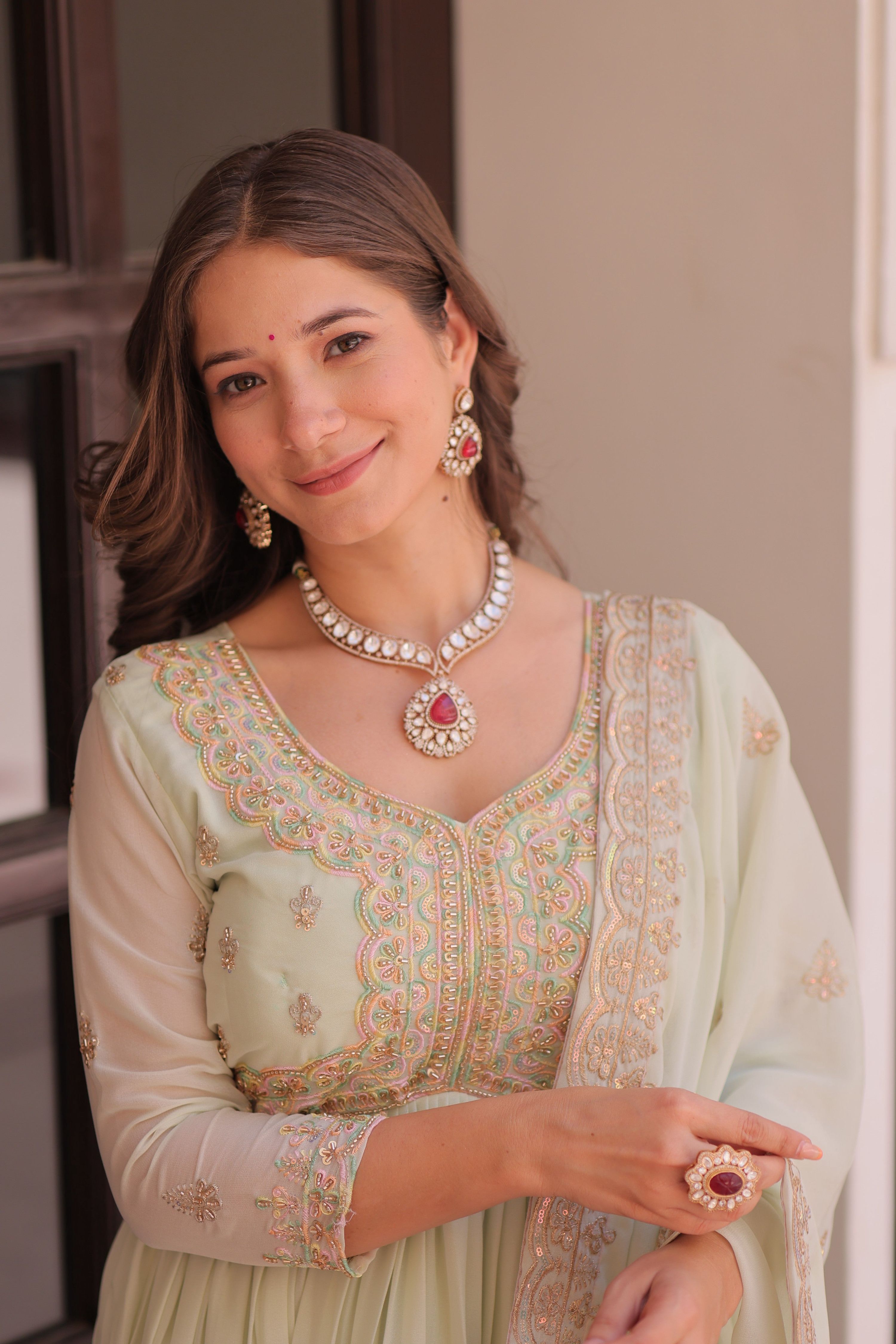 Pista Green Star Georgette Embroidered Anarkali Set