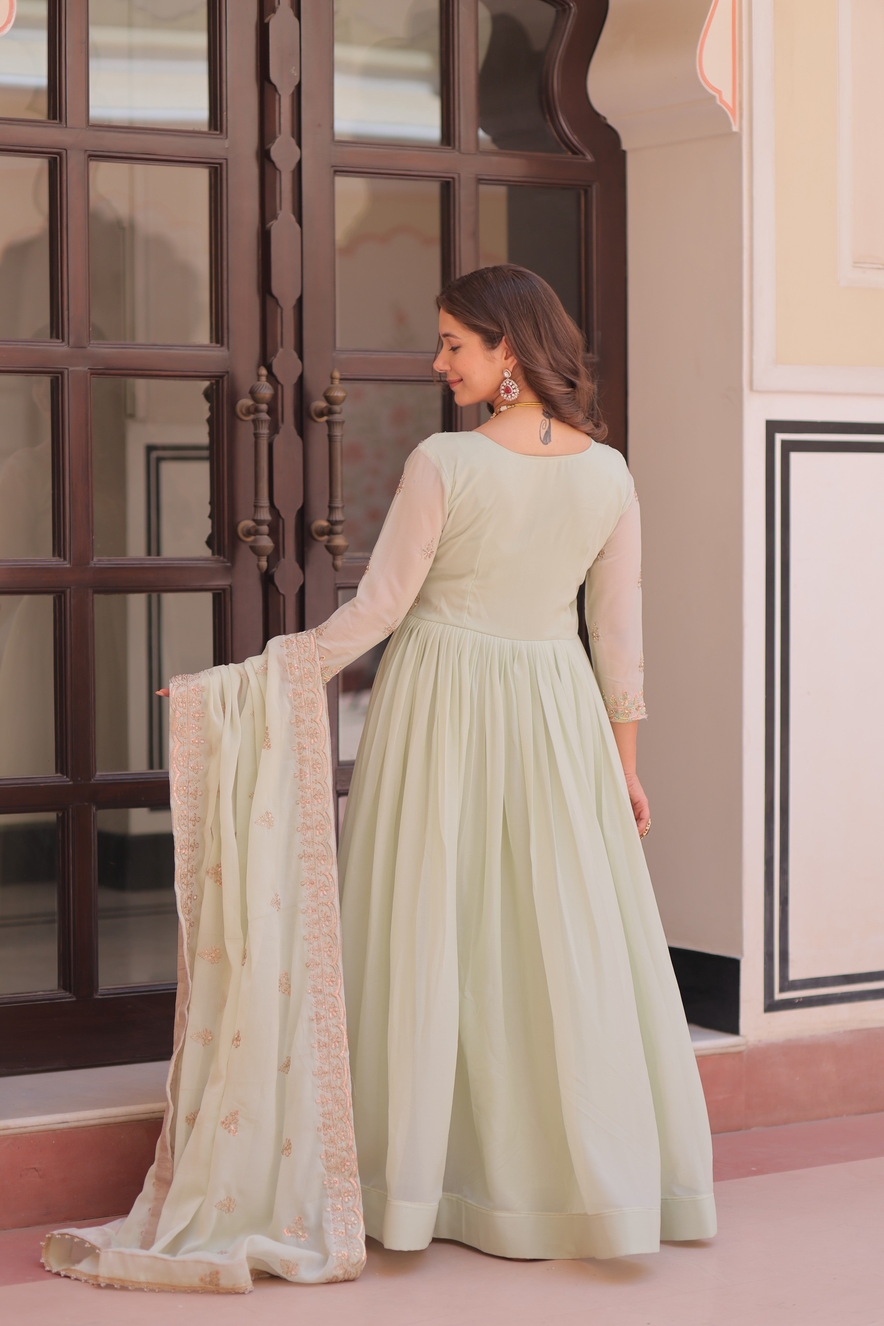 Jyoti Fashion Women's Pista Green Star Georgette Embroidered Anarkali Set With Dupatta