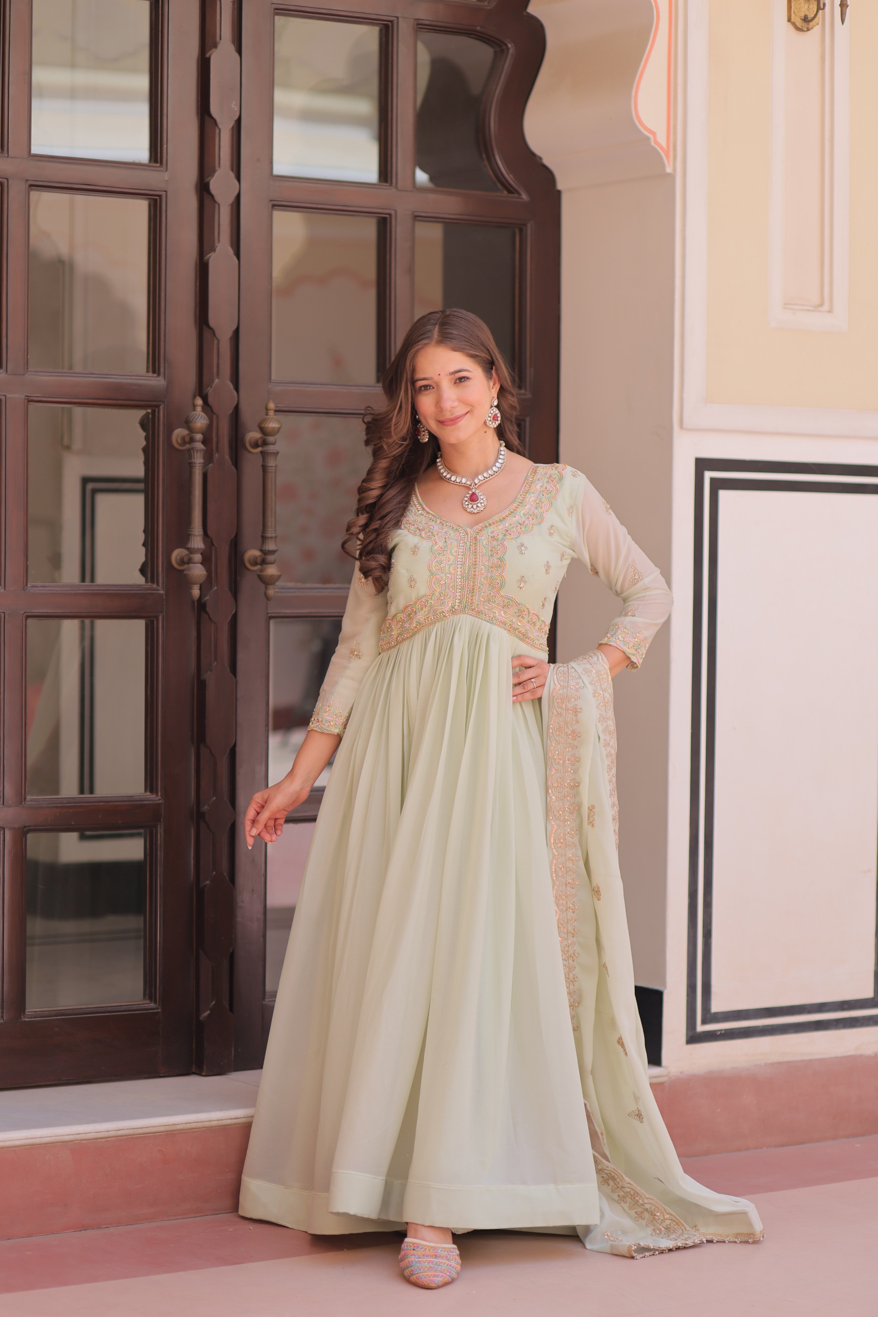 Pista Green Star Georgette Anarkali set with beaded and sequin embroidery and dupatta