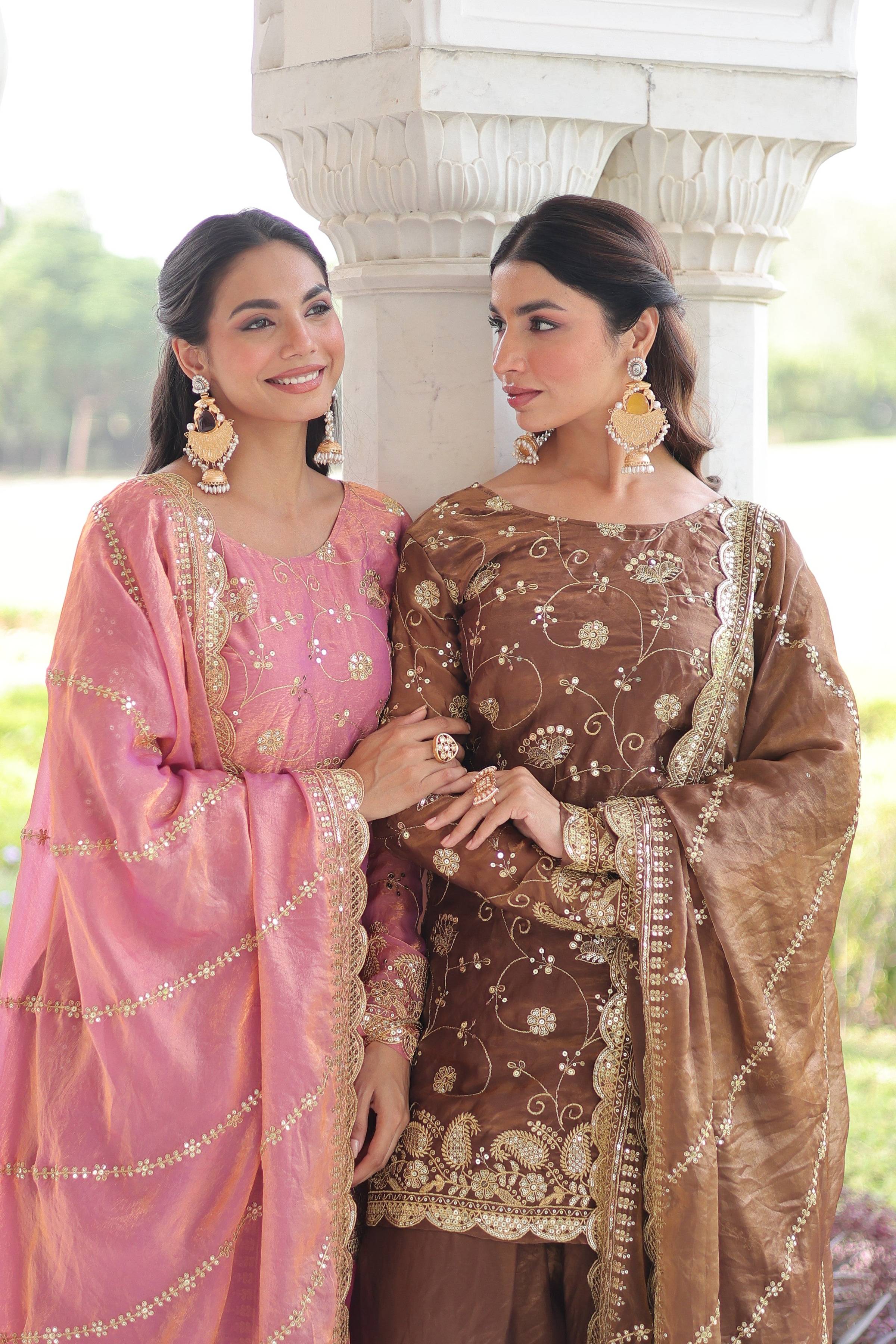Jyoti Fashion Pink & Coffee Fendy Embroidered Designer Combo Kurta Set with Dupatta