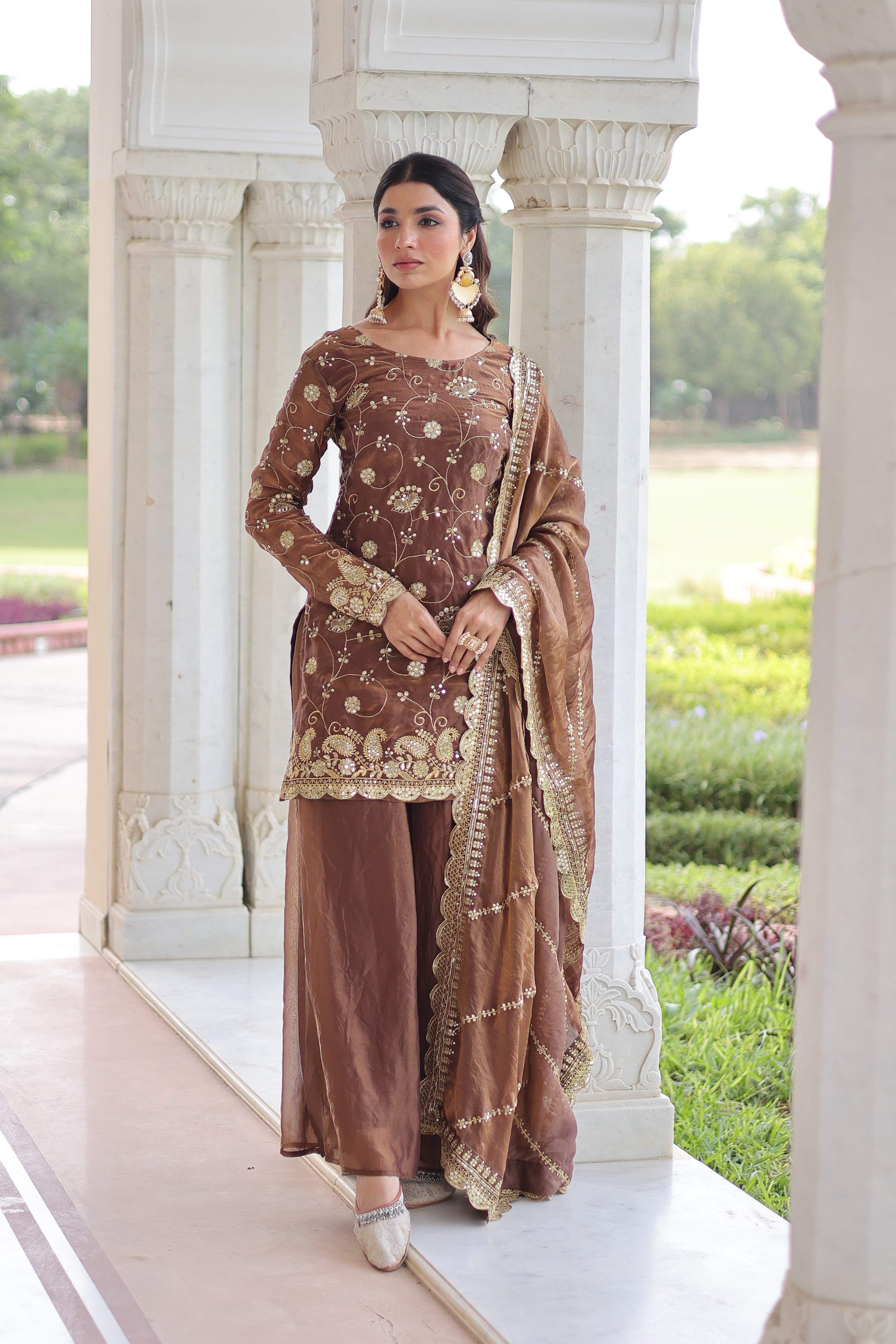 Coffee Fendy Embroidered Designer Kurta Set with Dupatta