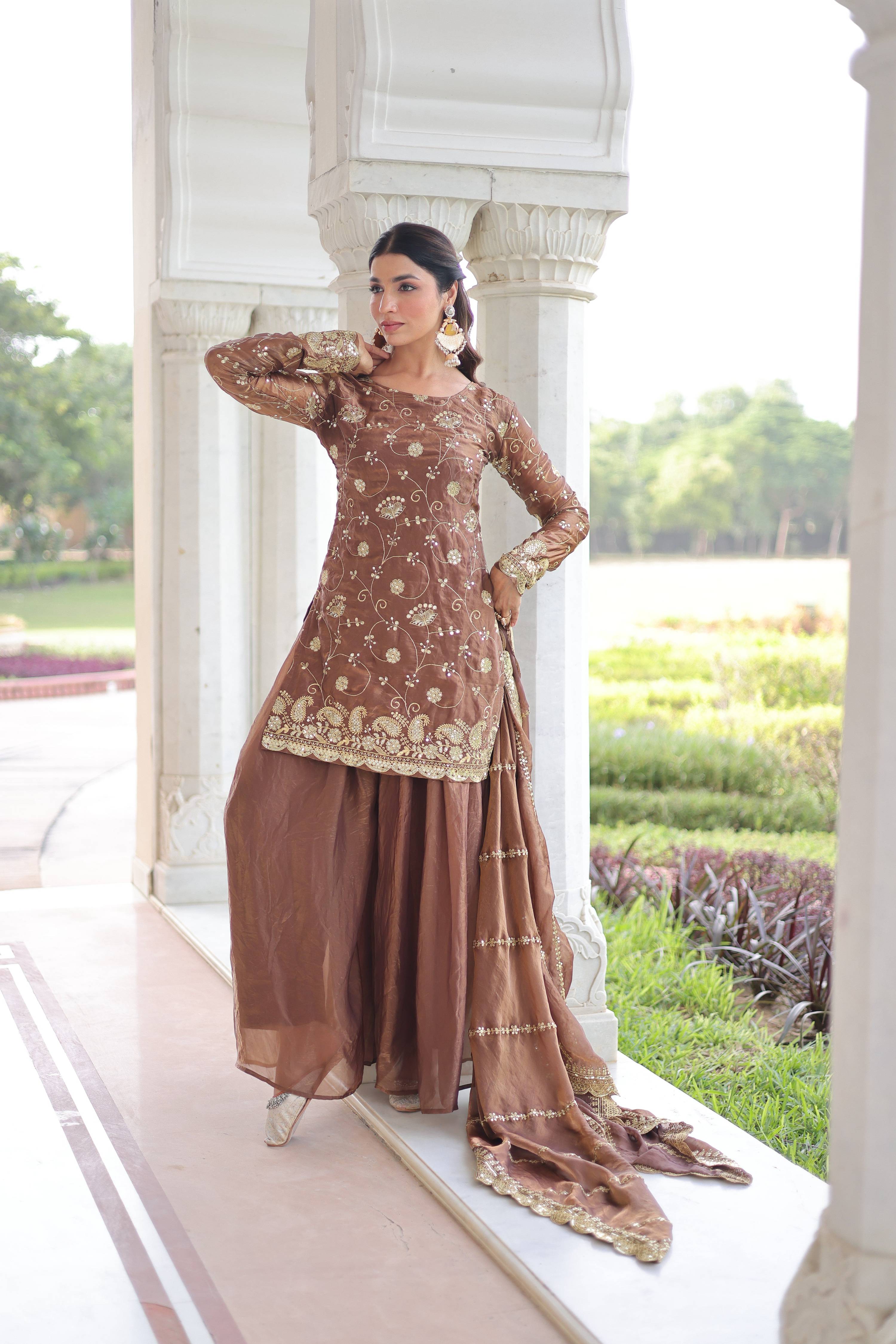 Coffee Fendy Embroidered Designer Kurta Set with Dupatta
