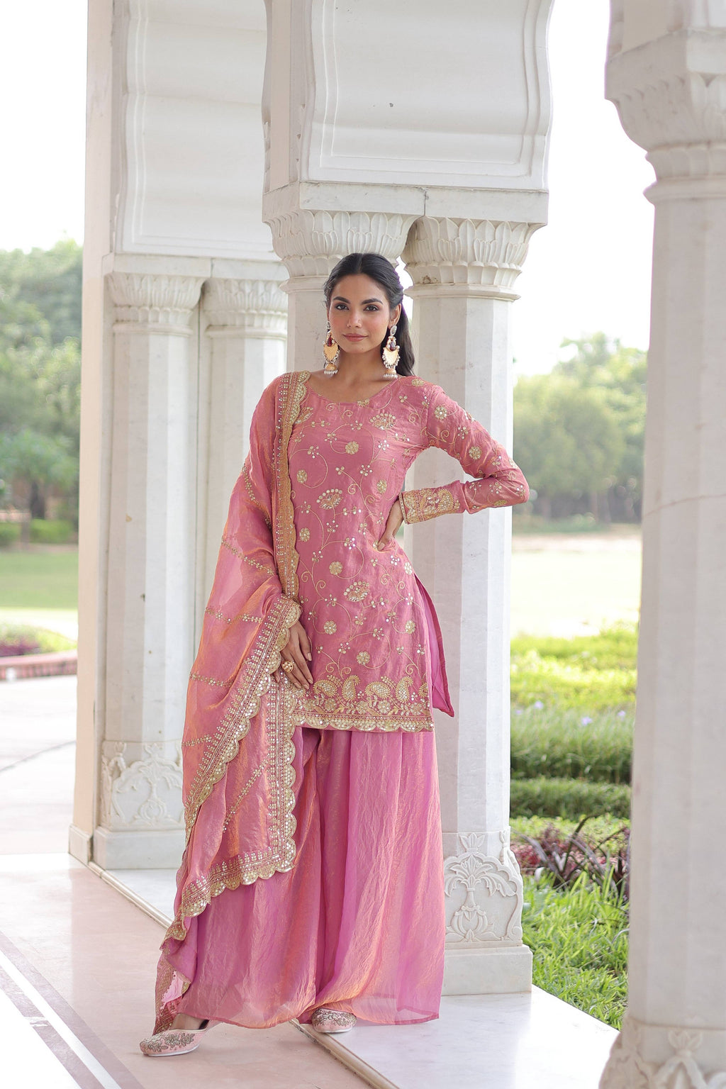 Elegant pink Fendy kurta set with rich sequins embroidery and matching dupatta