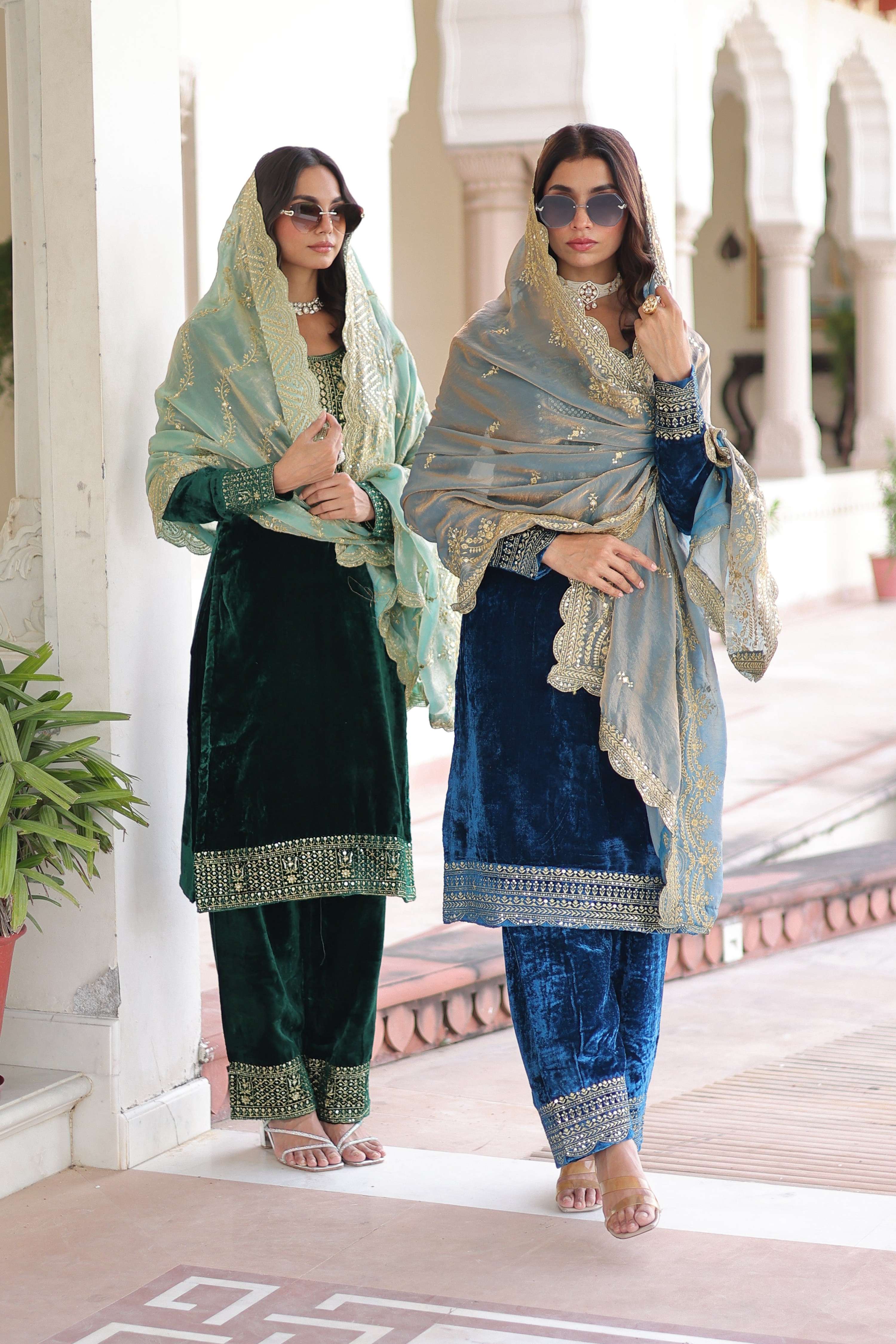 Green & Blue Velvet Embroidered Designer Kurta Set with Dupatta