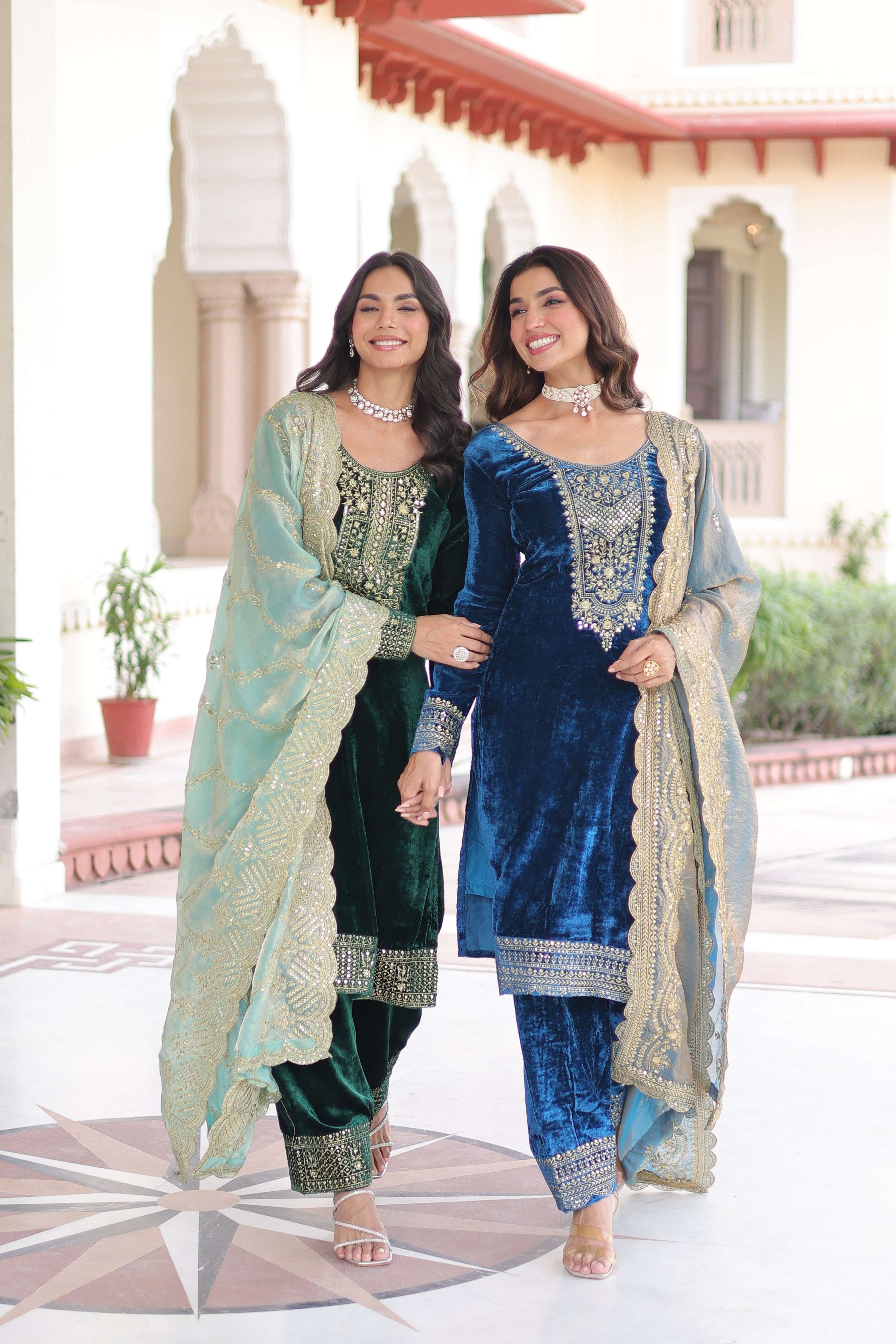 Green & Blue Velvet Embroidered Designer Kurta Set with Dupatta