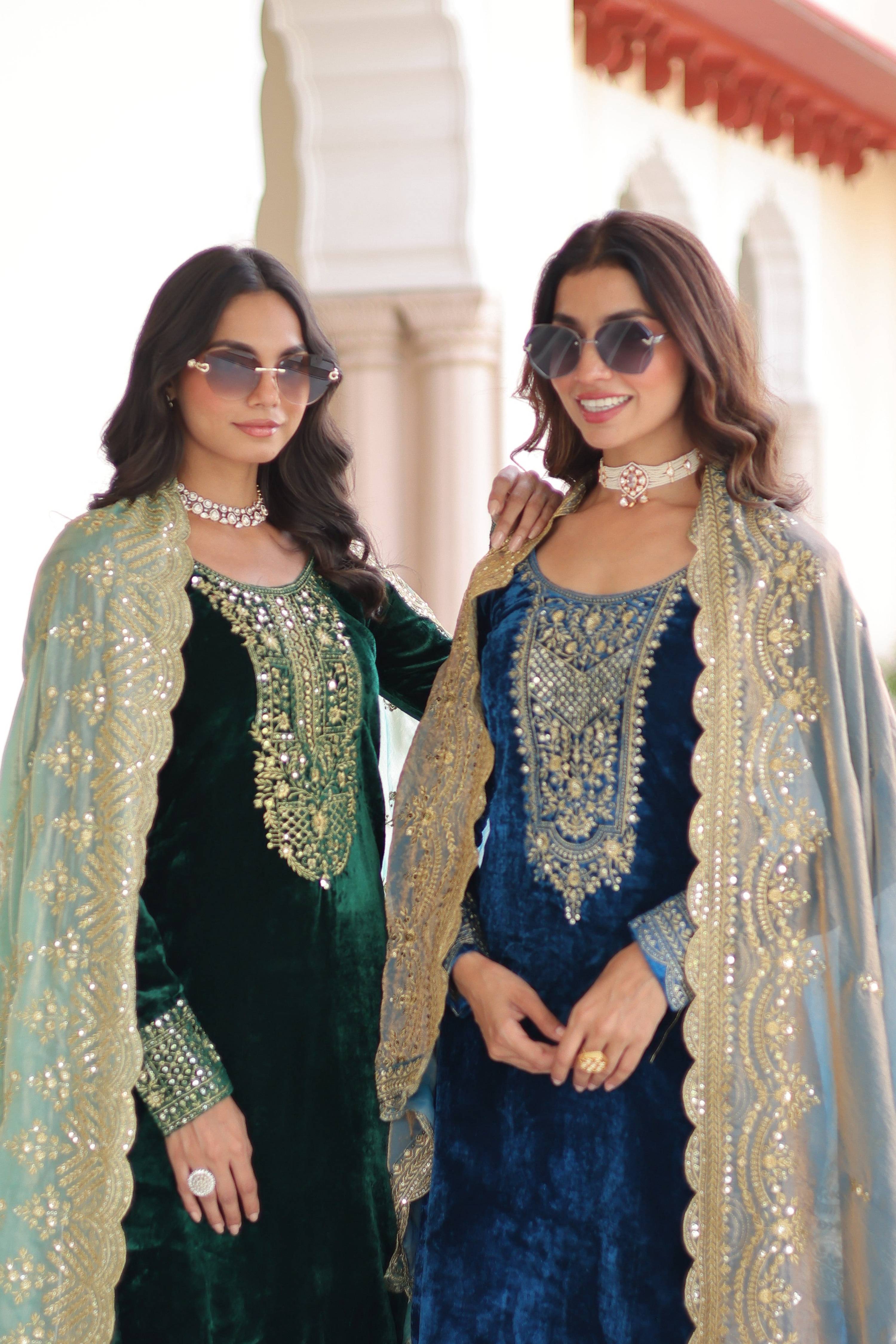 Green & Blue Velvet Embroidered Designer Kurta Set with Dupatta