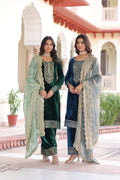 Green and Blue velvet designer kurta set with intricate sequins zari embroidery and matching dupatta