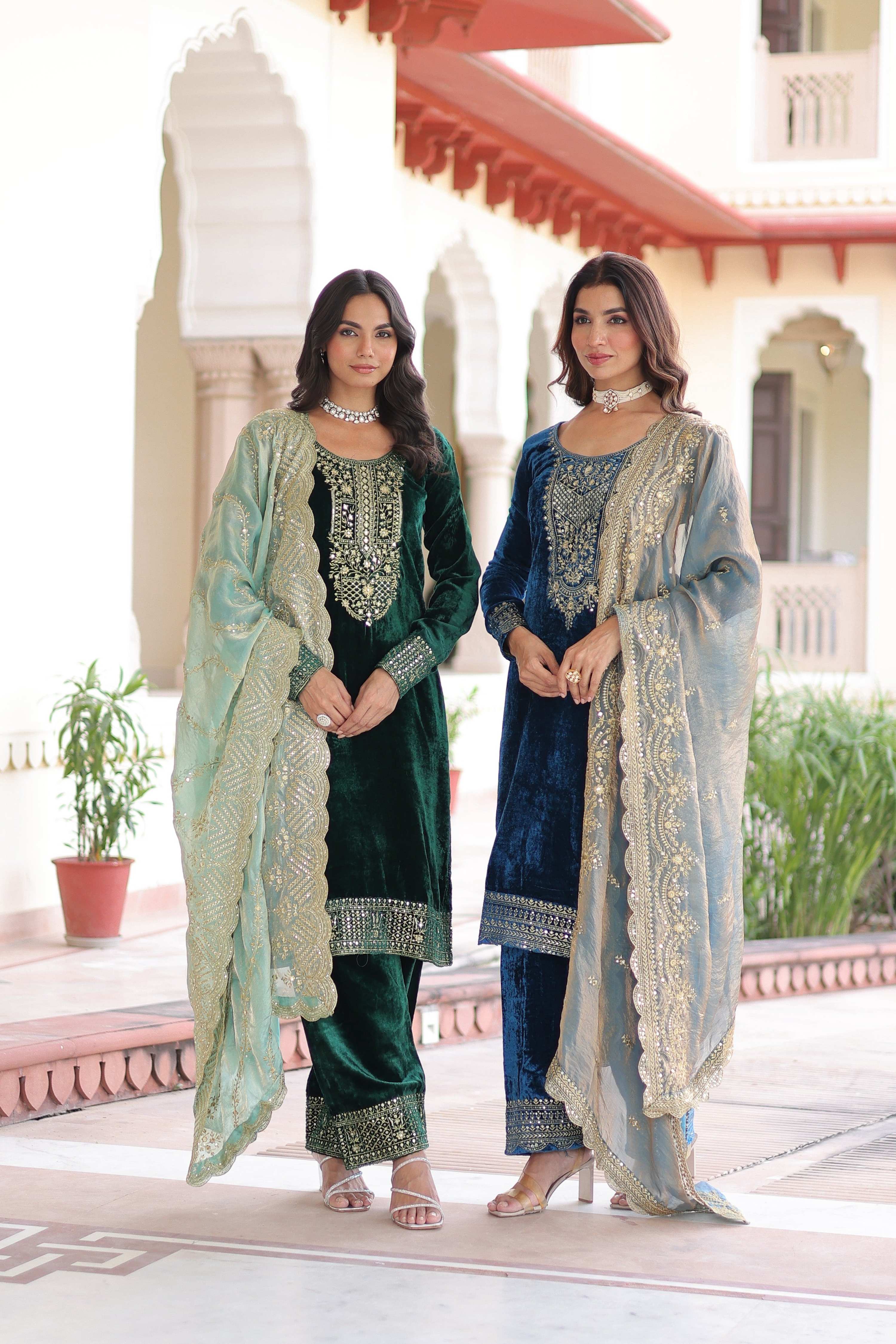 Green and Blue velvet designer kurta set with intricate sequins zari embroidery and matching dupatta