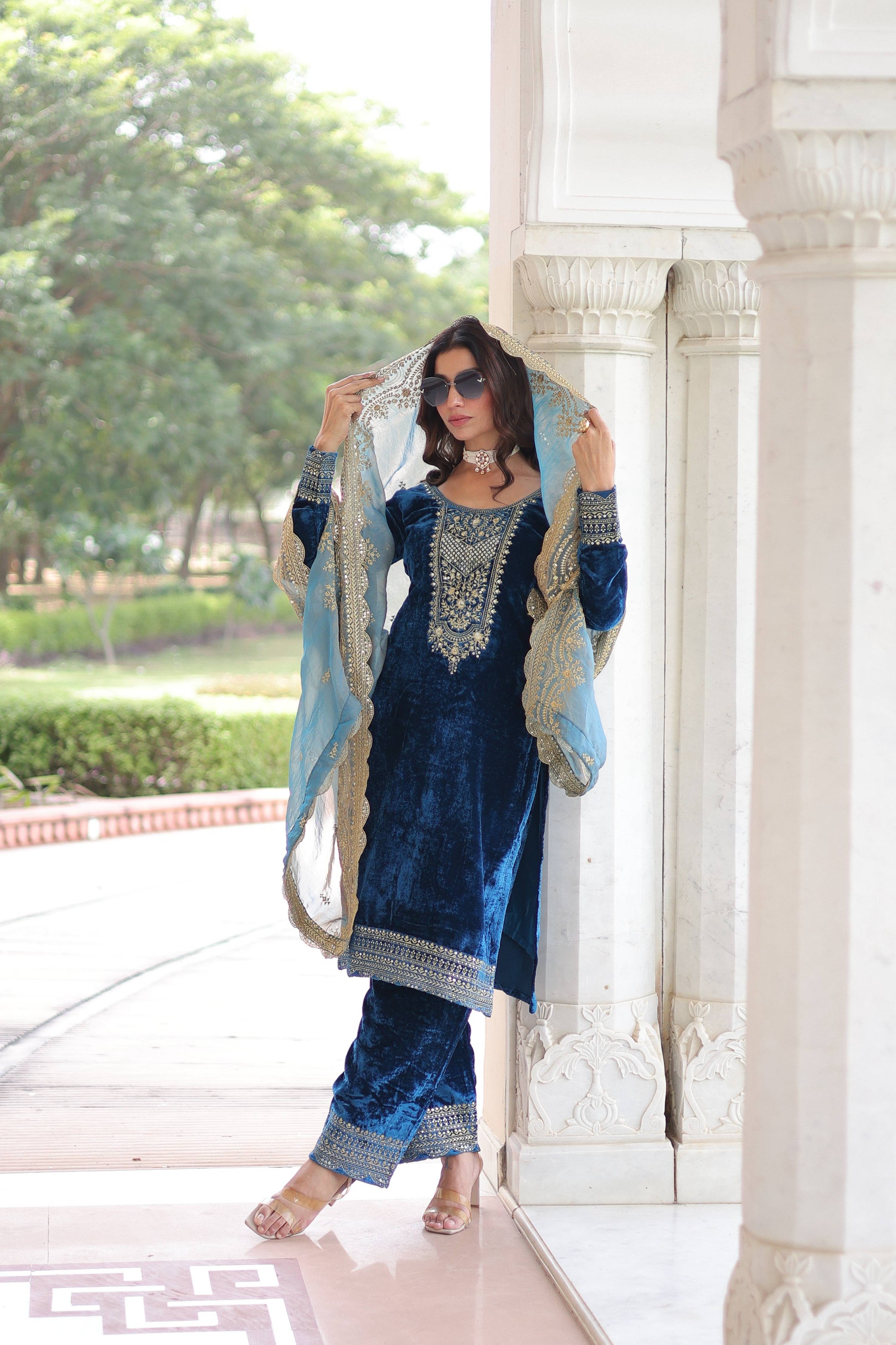 Jyoti Fashion Blue Velvet Embroidered Designer Kurta Set with Dupatta