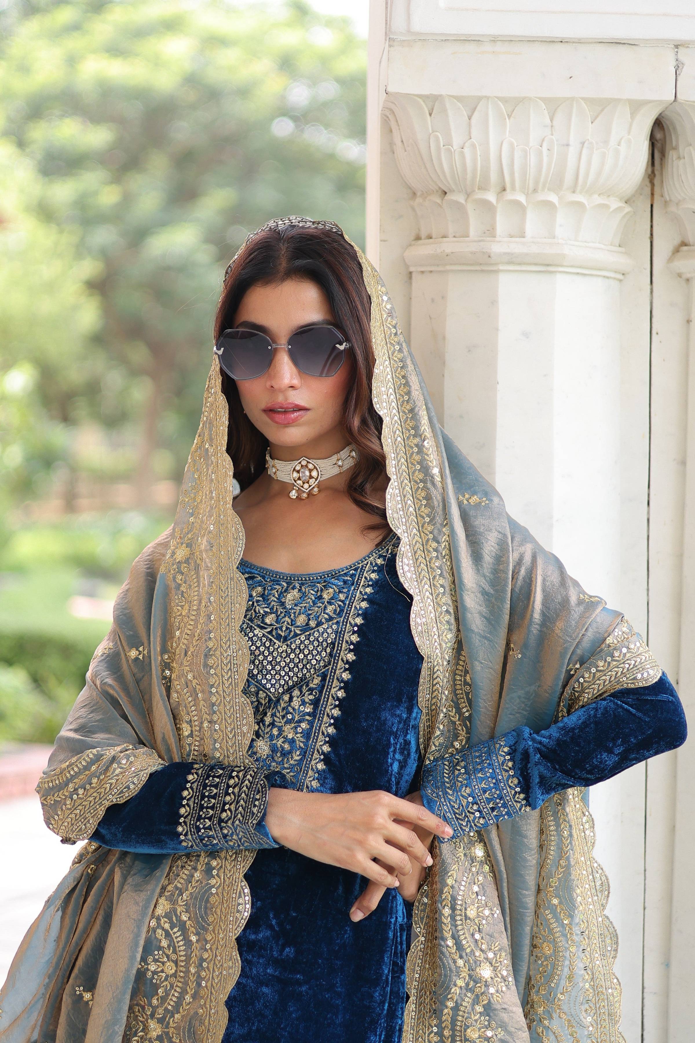 Jyoti Fashion Blue Velvet Embroidered Designer Kurta Set with Dupatta