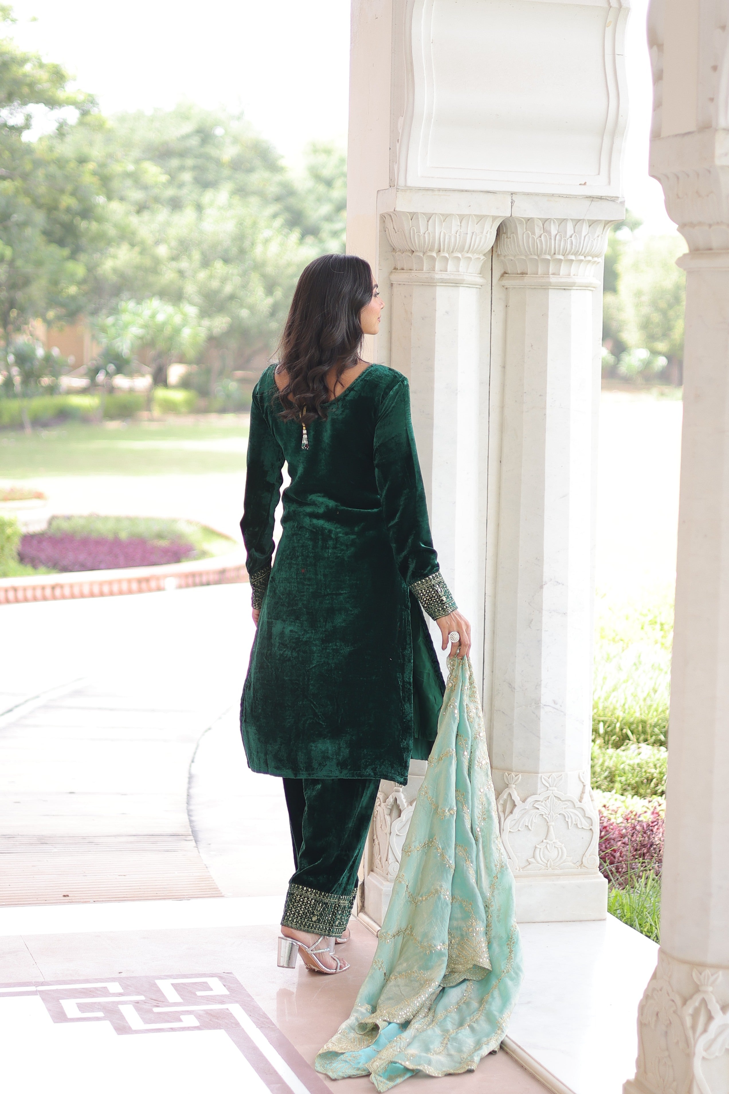 Jyoti Fashion Green Velvet Embroidered Designer Kurta Set with Dupatta