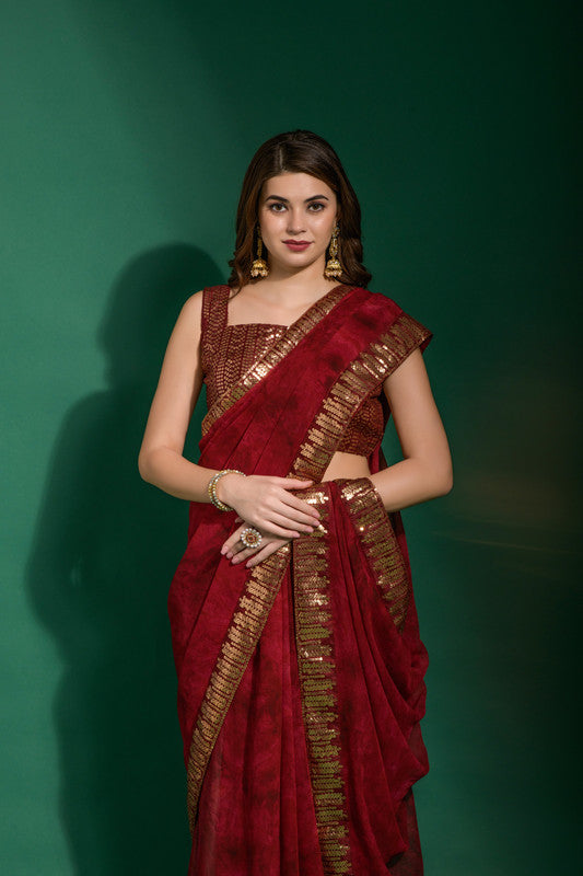 Jyoti Fashion Women's Maroon Sequence Embroidery Chiffon Saree with Blouse