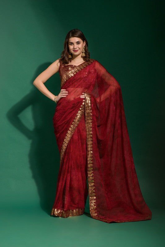 Jyoti Fashion Women's Maroon Sequence Embroidery Chiffon Saree with Blouse