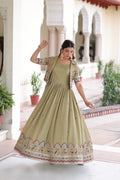 Jyoti Fashion Women's Green Vichitra Silk Embroidered Anarkali Set With Koti