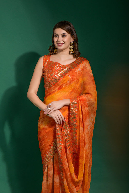 Jyoti Fashion Women's Orange Sequence Embroidery Chiffon Saree with Blouse