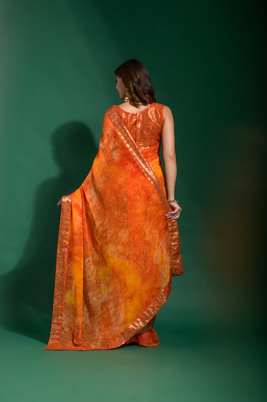 Jyoti Fashion Women's Orange Sequence Embroidery Chiffon Saree with Blouse