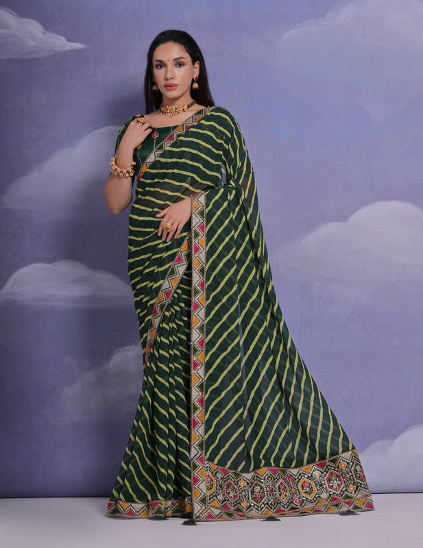 Green georgette saree with detailed coding sequence embroidery