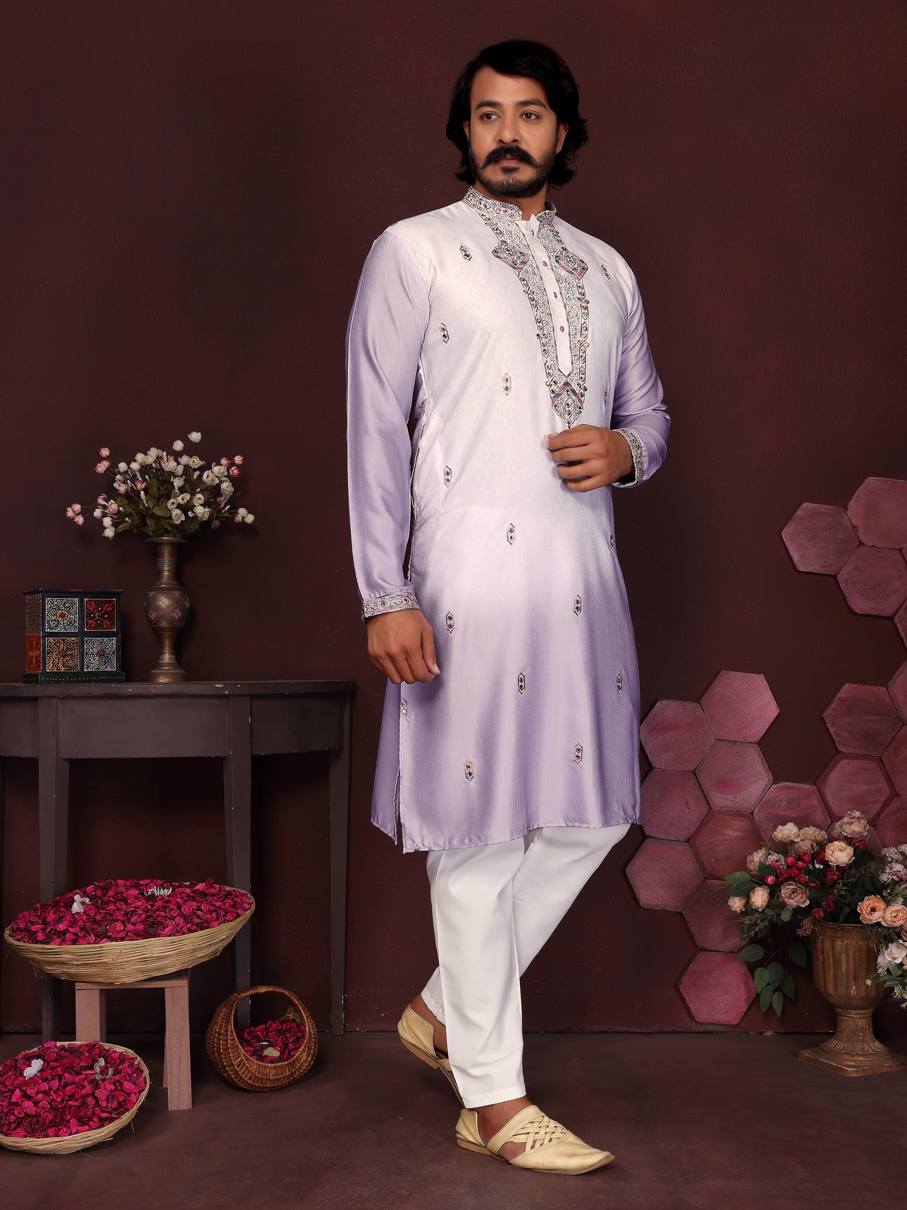 Boys Purple Sequins Embroidered Kurta and Pajama Festive Set