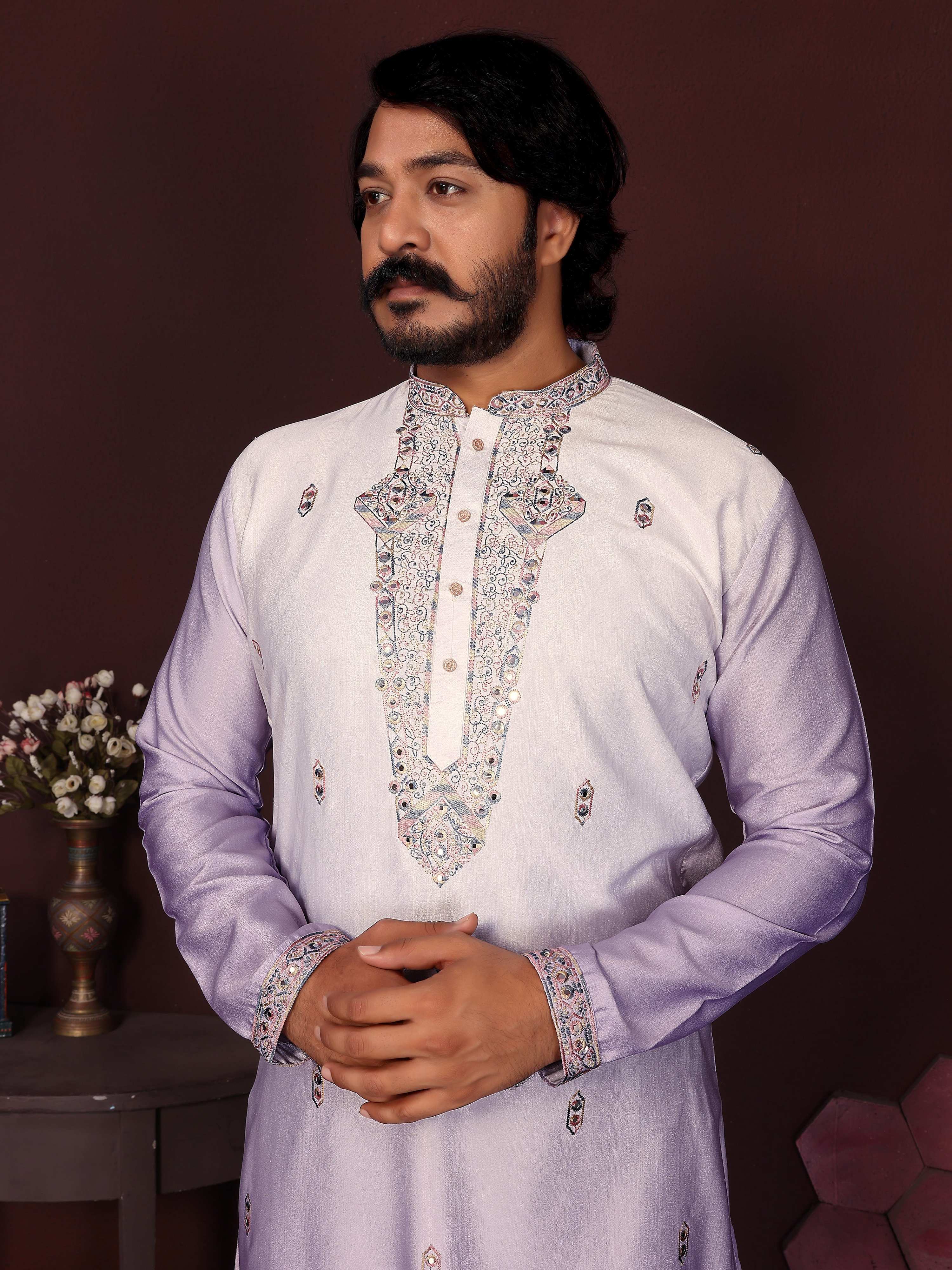 Boys Purple Sequins Embroidered Kurta and Pajama Festive Set
