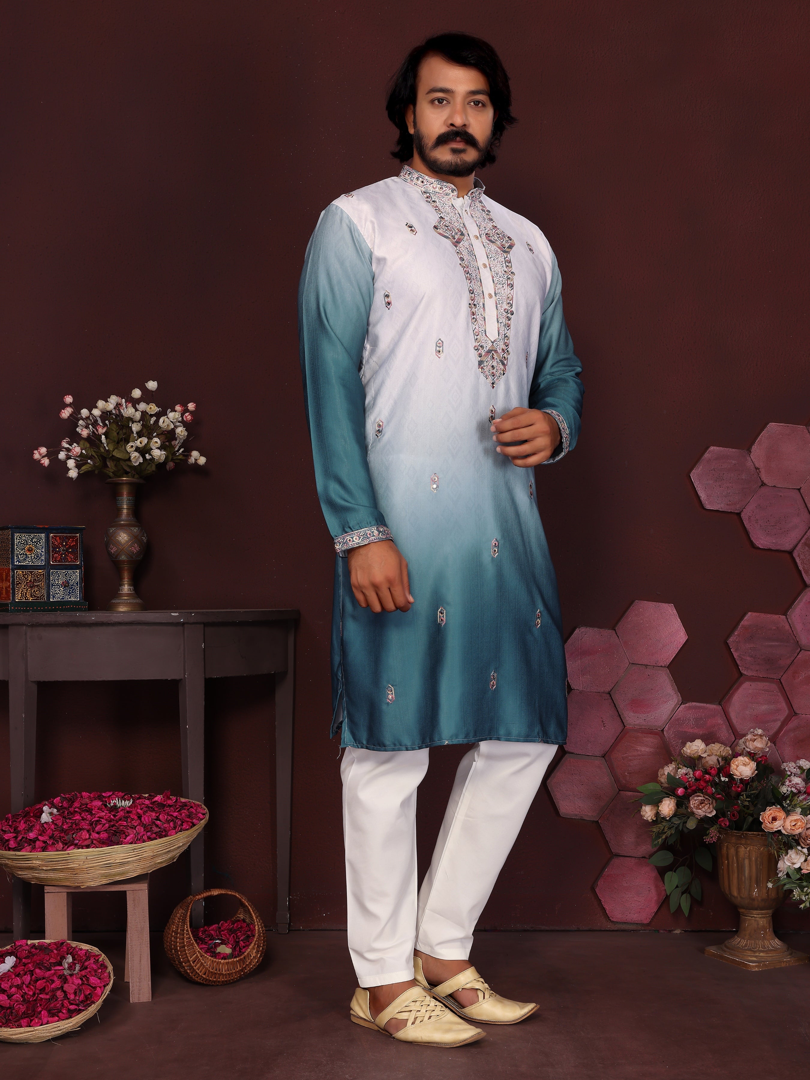 Men's Teal Sequins Embroidered Kurta with Pajama Set