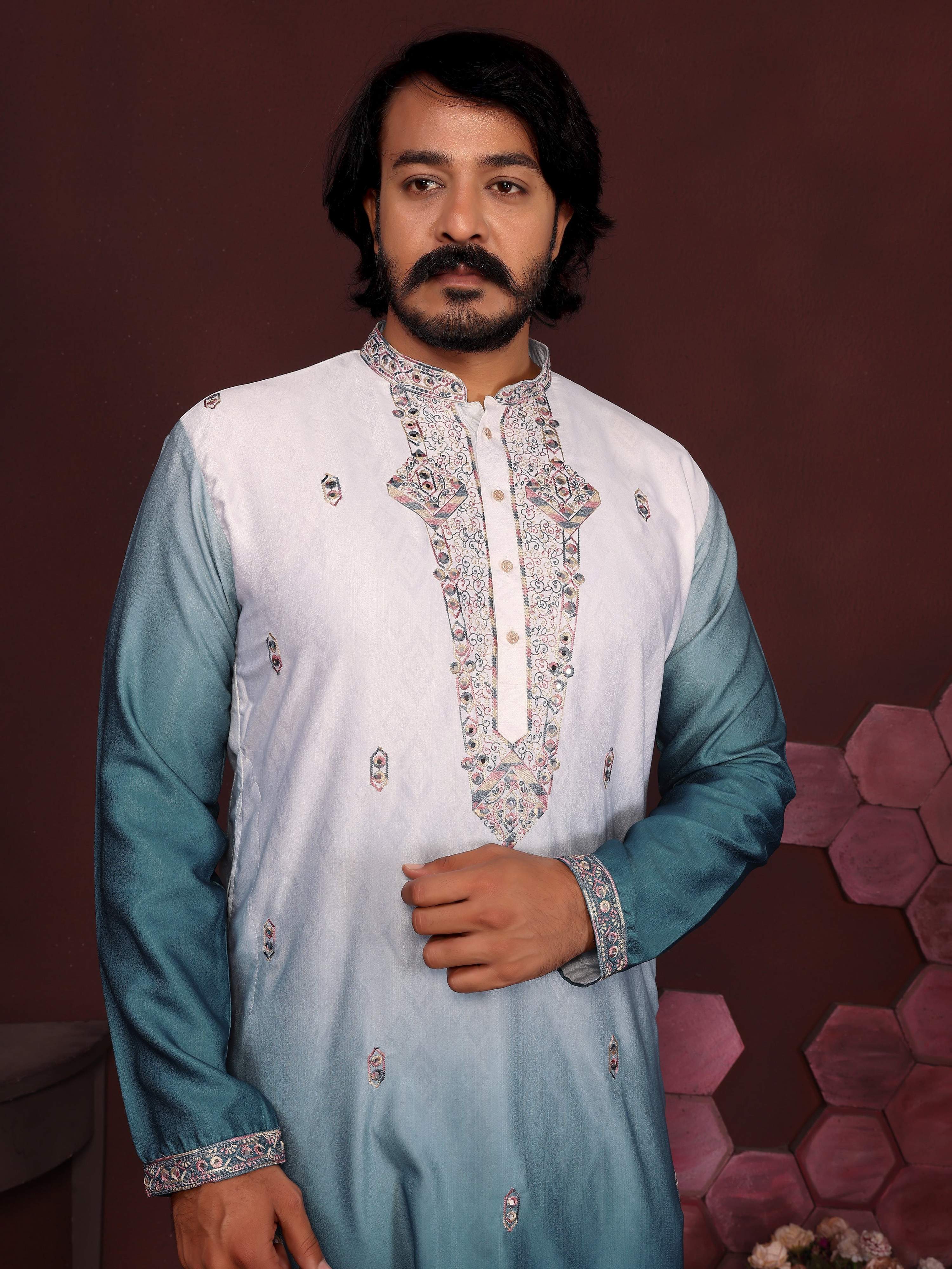 Men's Teal Sequins Embroidered Kurta with Pajama Set