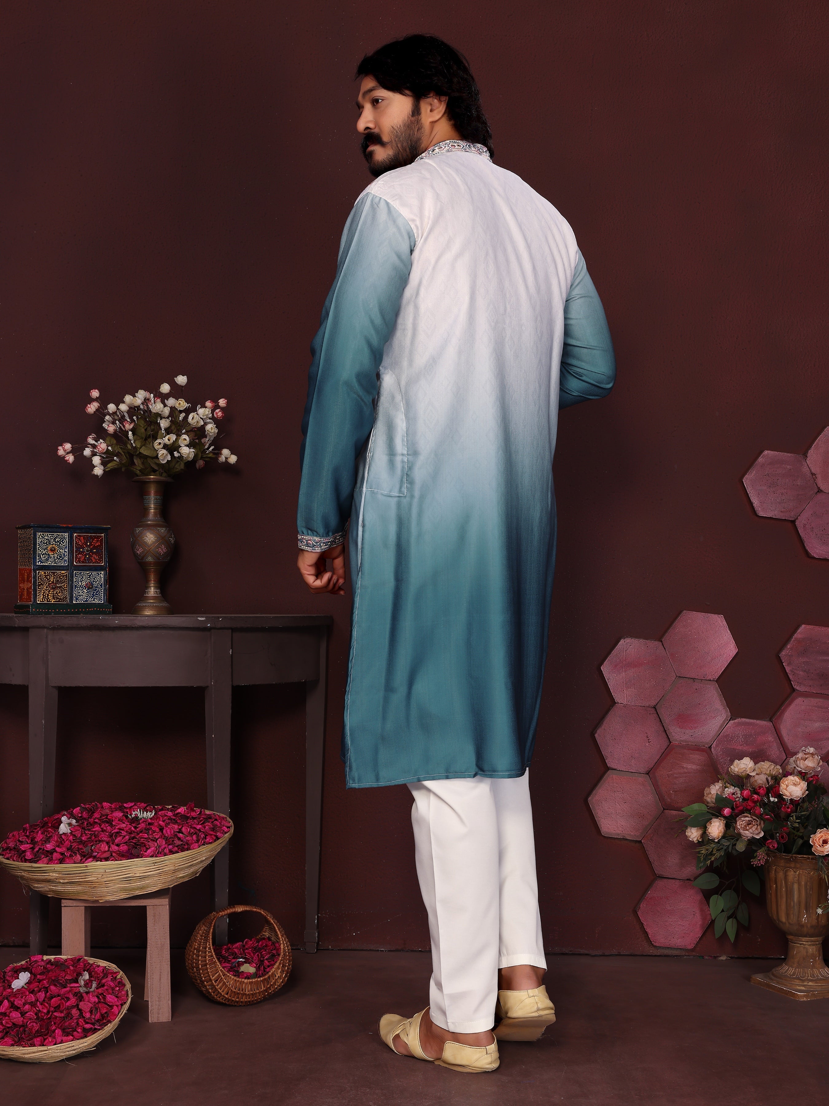 Men's Teal Sequins Embroidered Kurta with Pajama Set
