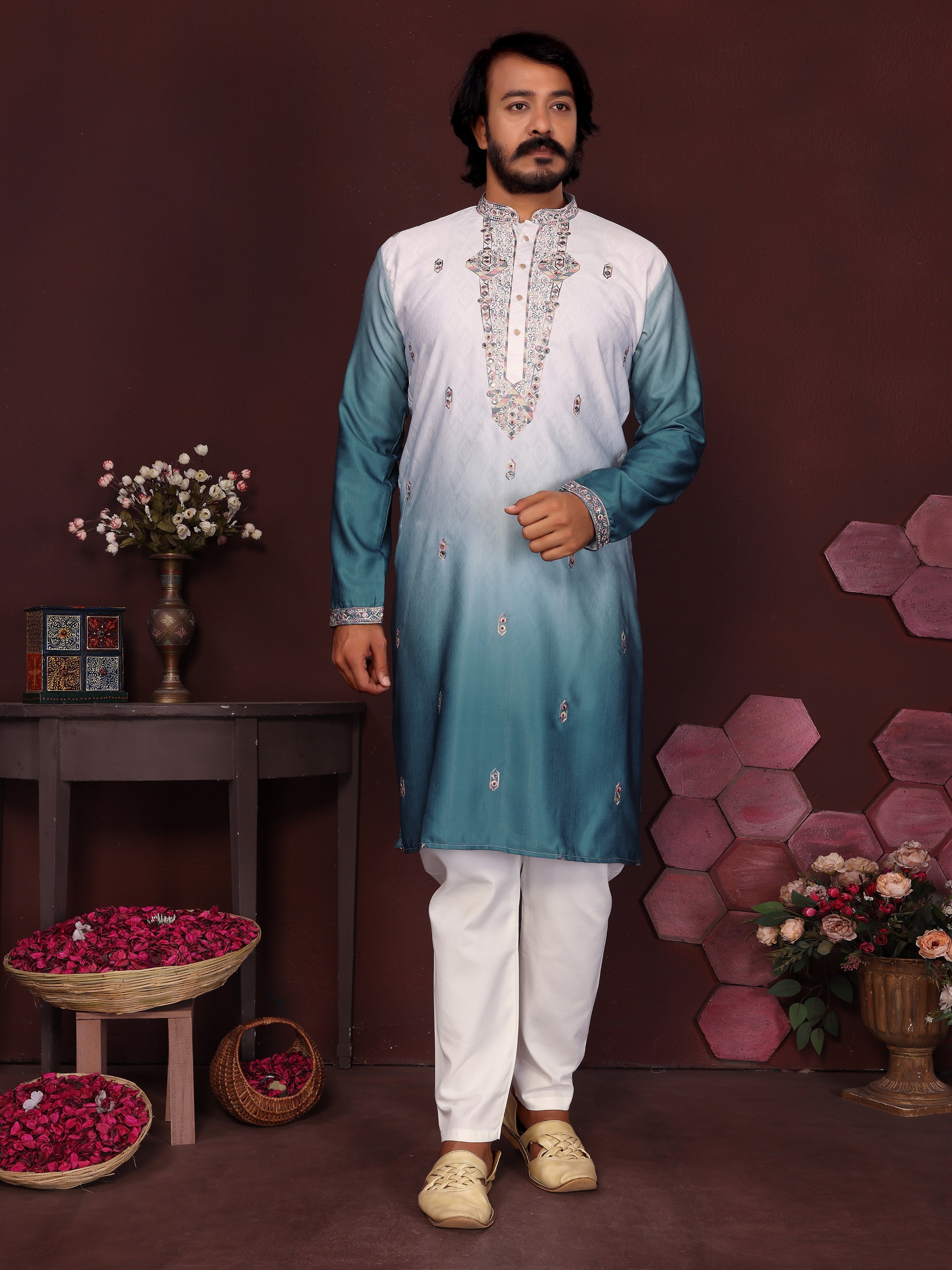 Men's Teal Sequins Embroidered Kurta with Pajama Set