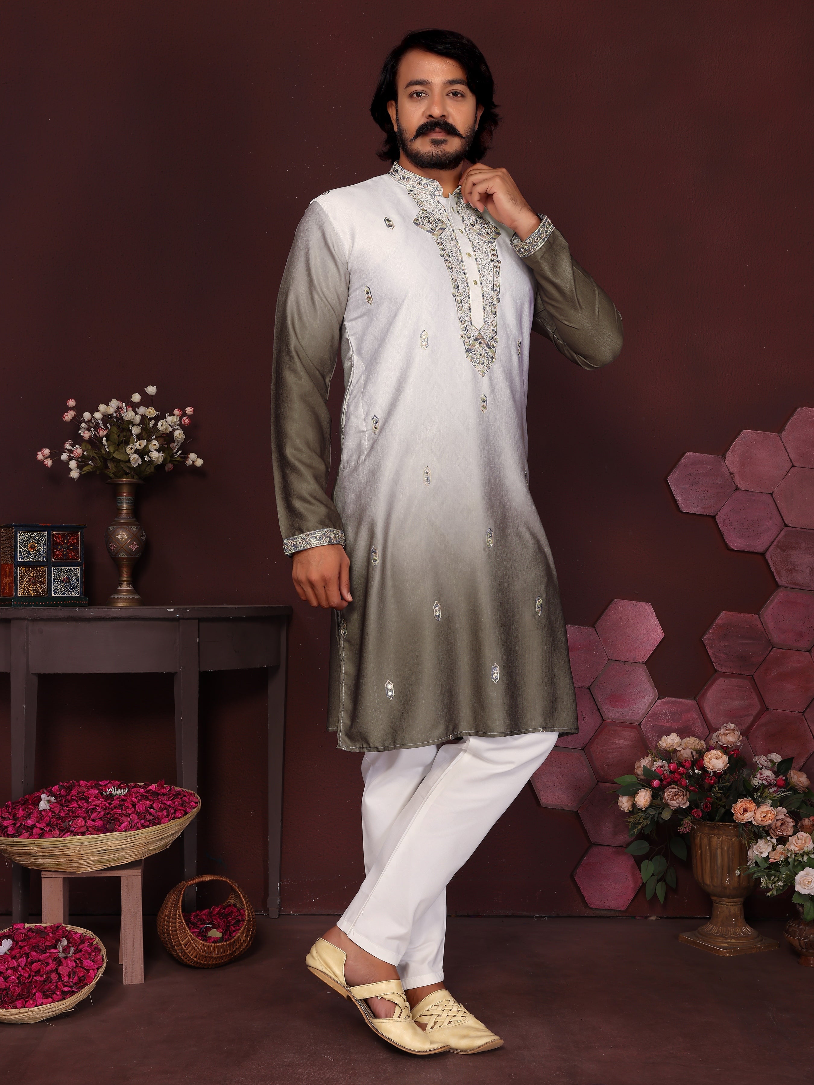 Boys Mehendi Sequins Embroidered Kurta and Pajama Set