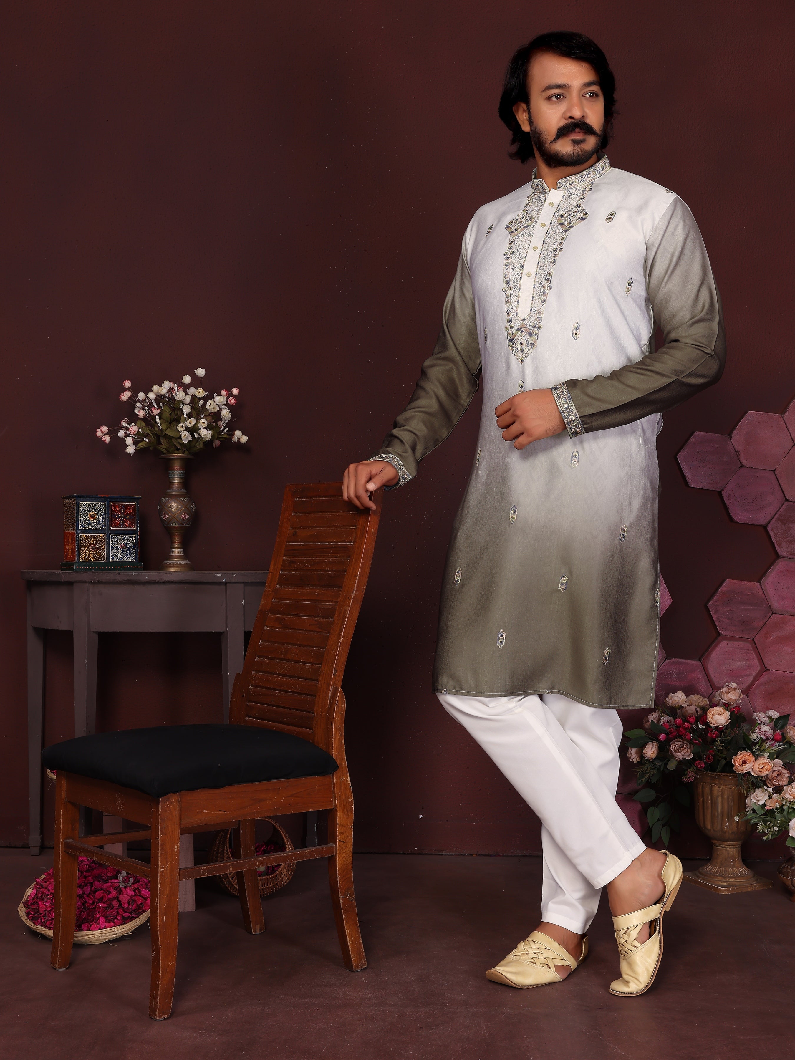 Boys Mehendi Sequins Embroidered Kurta and Pajama Set