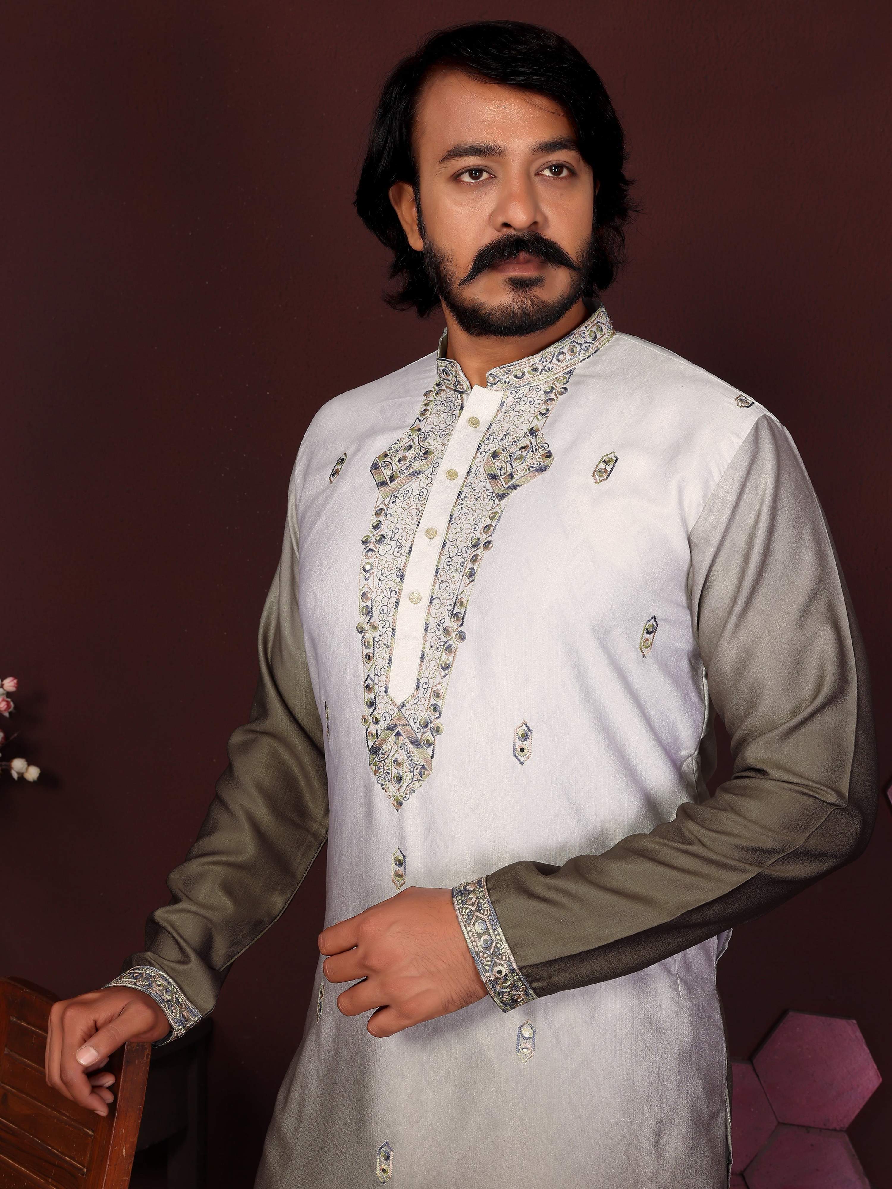 Boys Mehendi Sequins Embroidered Kurta and Pajama Set