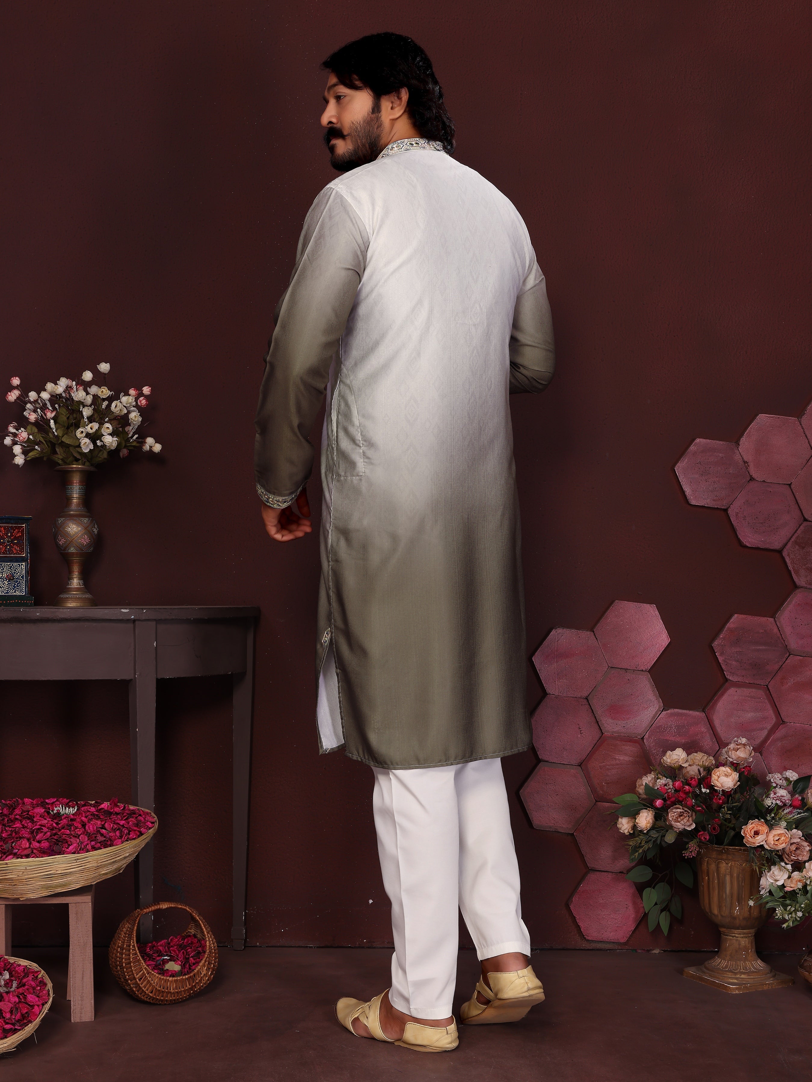 Boys Mehendi Sequins Embroidered Kurta and Pajama Set