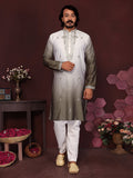 A boys Mehendi green kurta and pajama set featuring intricate sequins embroidery and a round neck.