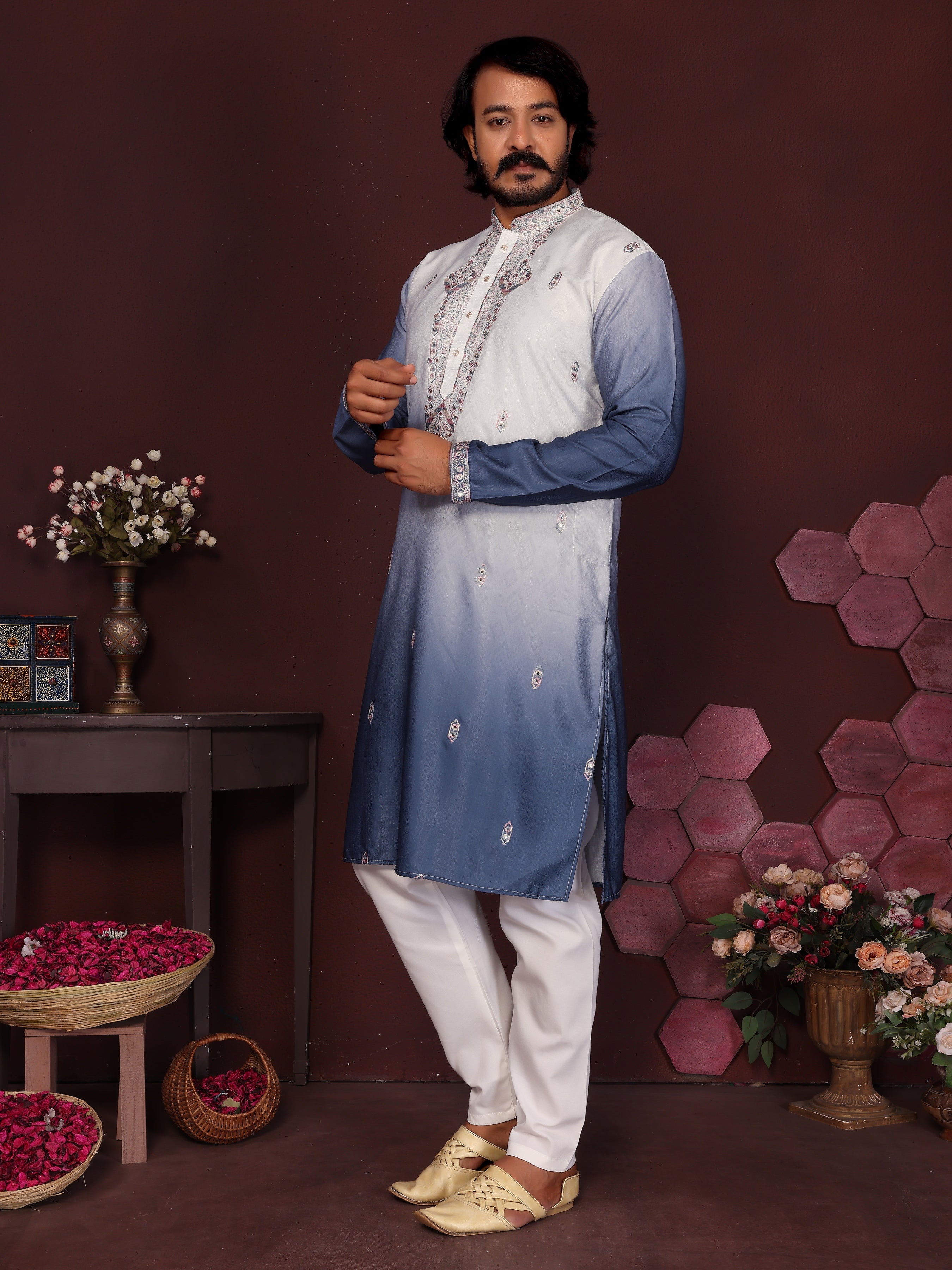 Boys Blue Sequins Embroidered Kurta and Pajama Set for Festivals