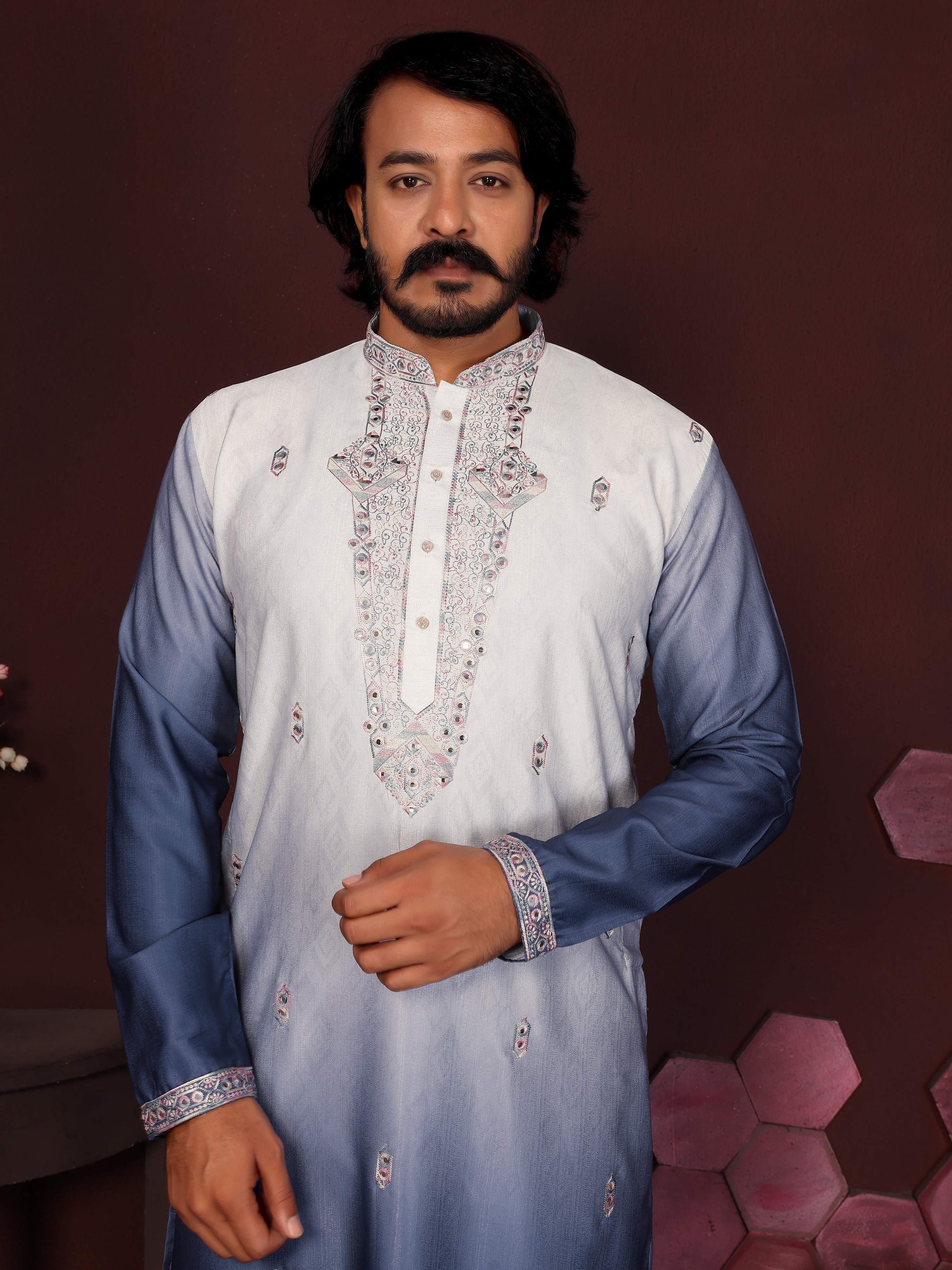 Boys Blue Sequins Embroidered Kurta and Pajama Set for Festivals