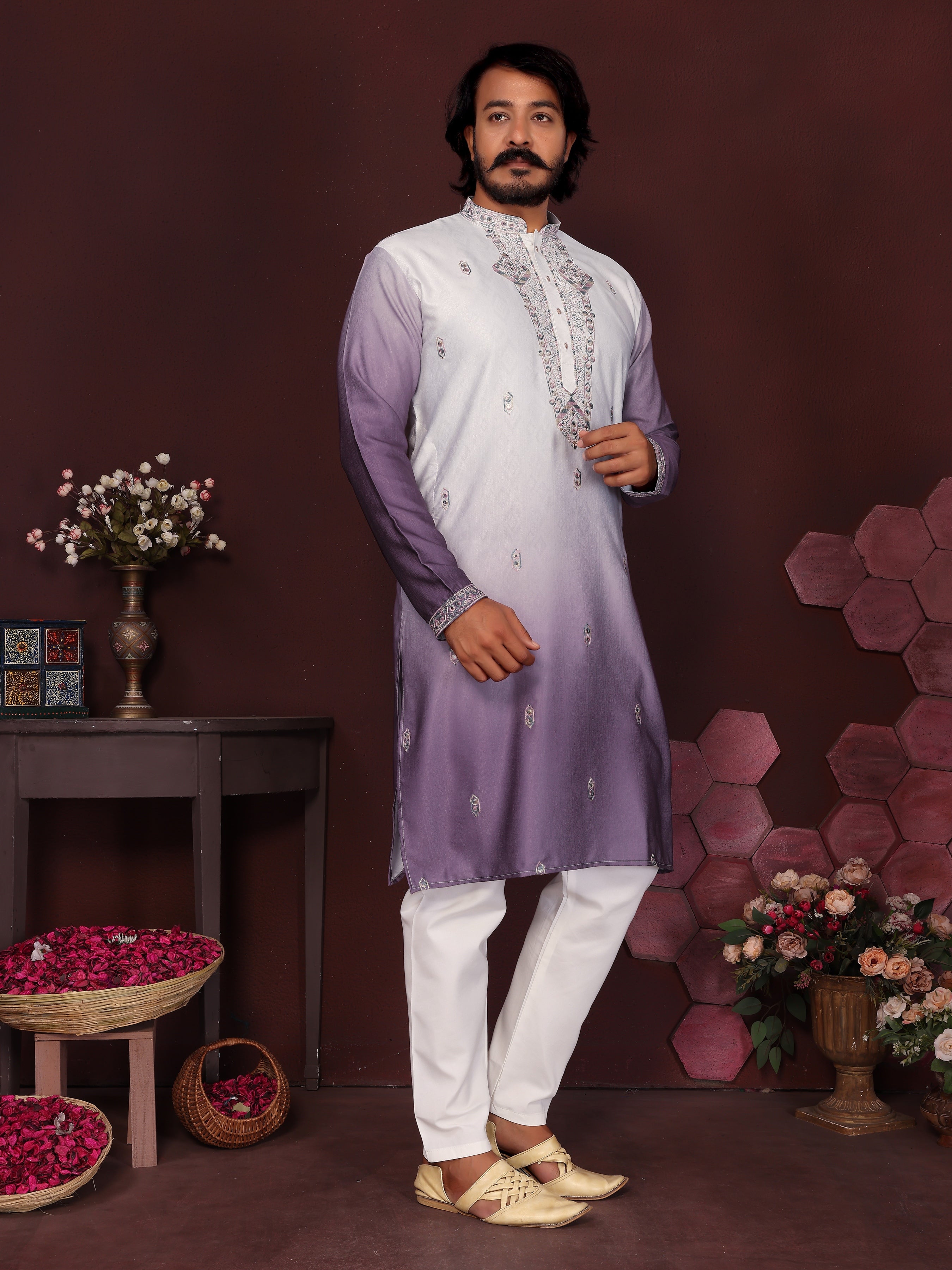 Jamuni Sequins Embroidered Kurta with Pajama for Men