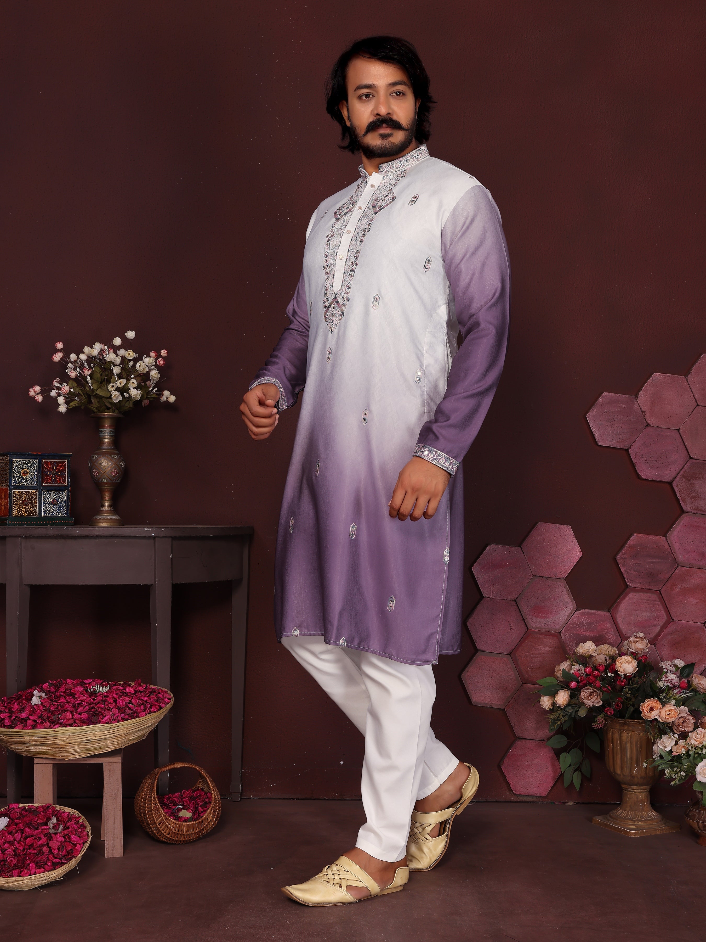 Jamuni Sequins Embroidered Kurta with Pajama for Men